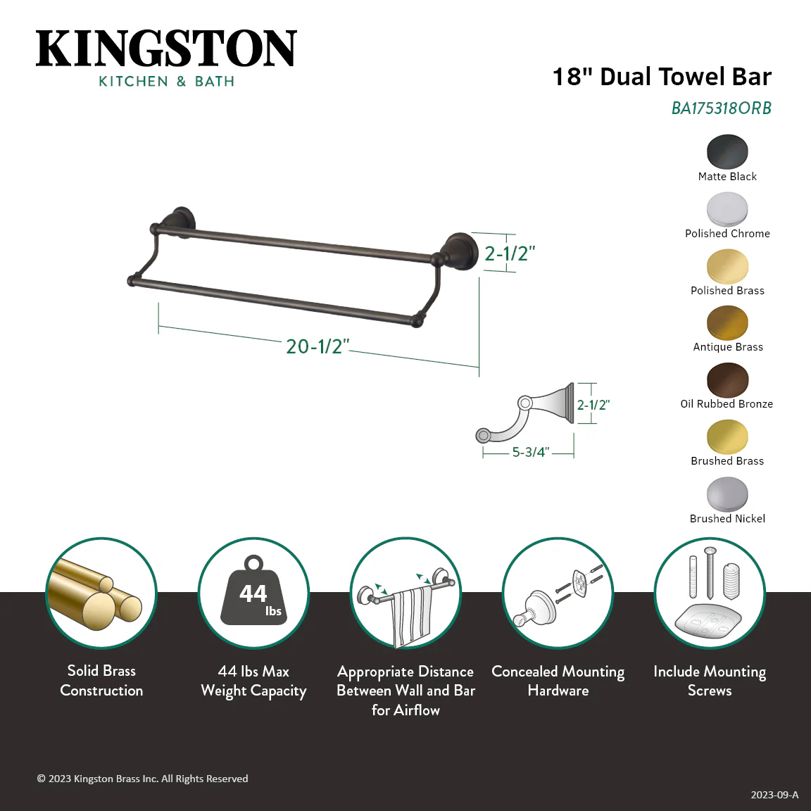 Kingston Heirloom BA175318AB - Heritage 18-Inch Double Towel Bar, Antique Brass - Image 3