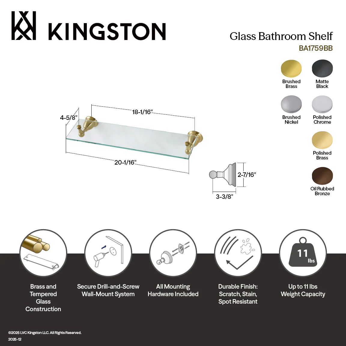 Kingston Heirloom BA1759ORB - Heritage Glass Shelf, Oil Rubbed Bronze - Image 3