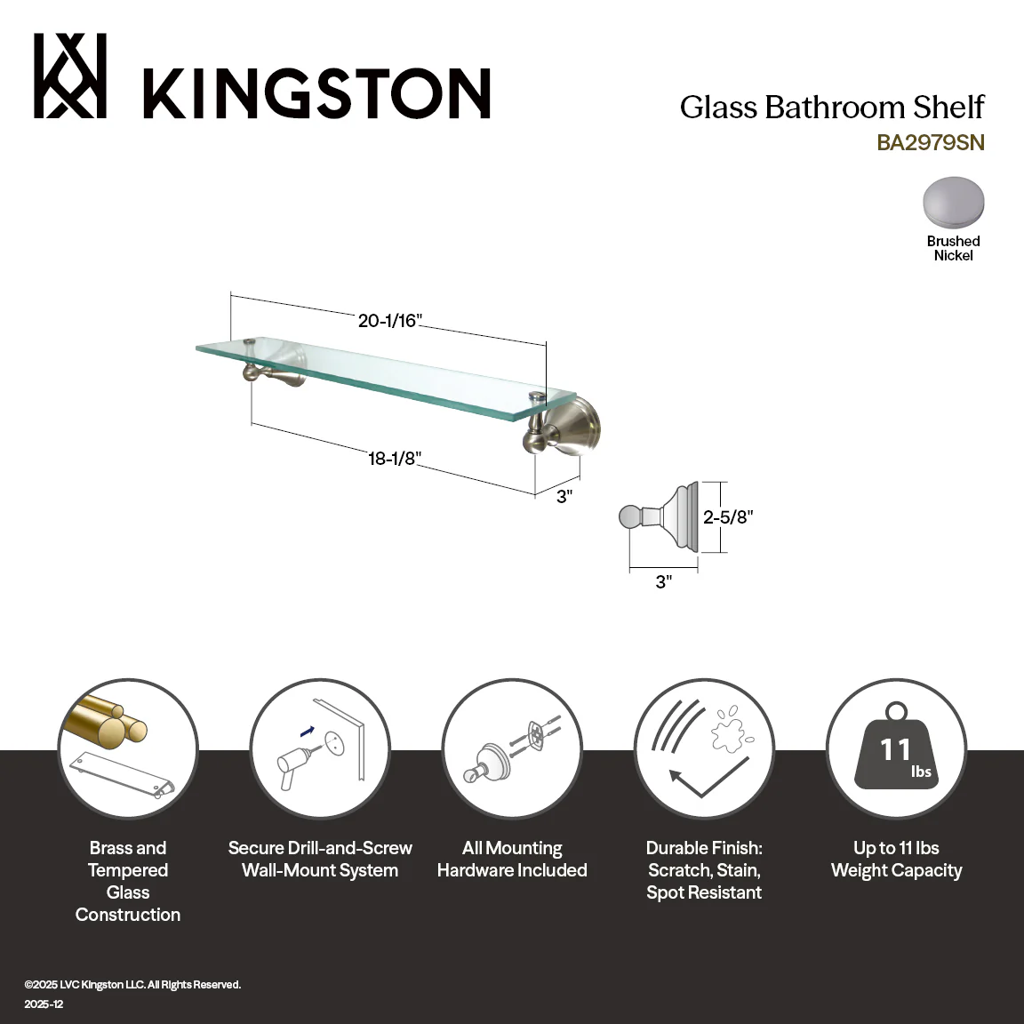 Kingston Governor BA2979SN Glass Shelf, Brushed Nickel - Image 5