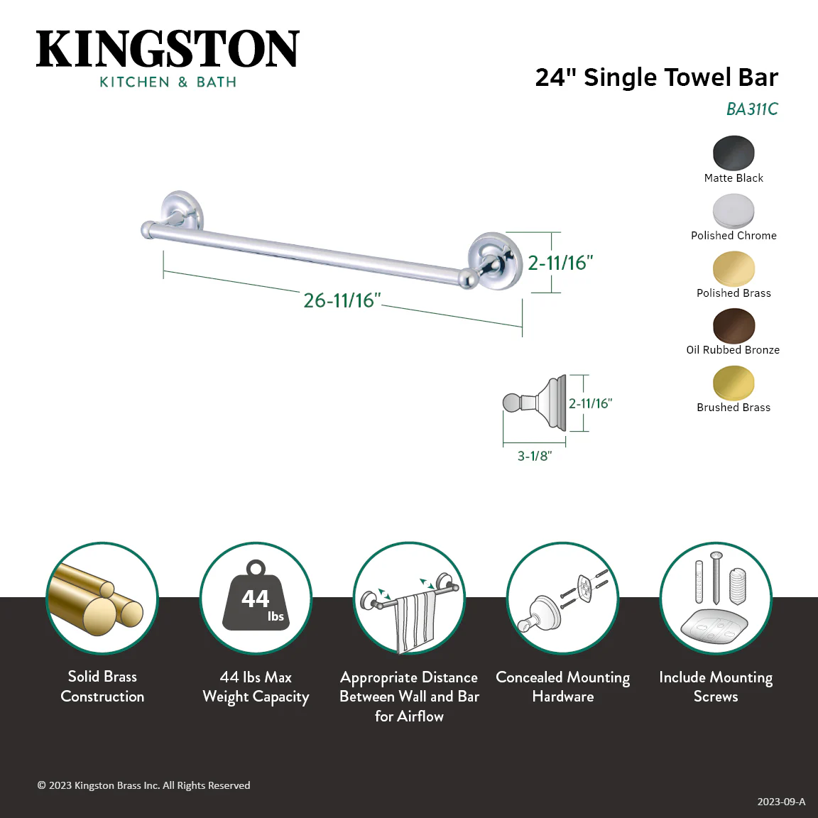Kingston Heirloom BA311MB - Classic 24-Inch Single Towel Bar, Matte Black - Image 3