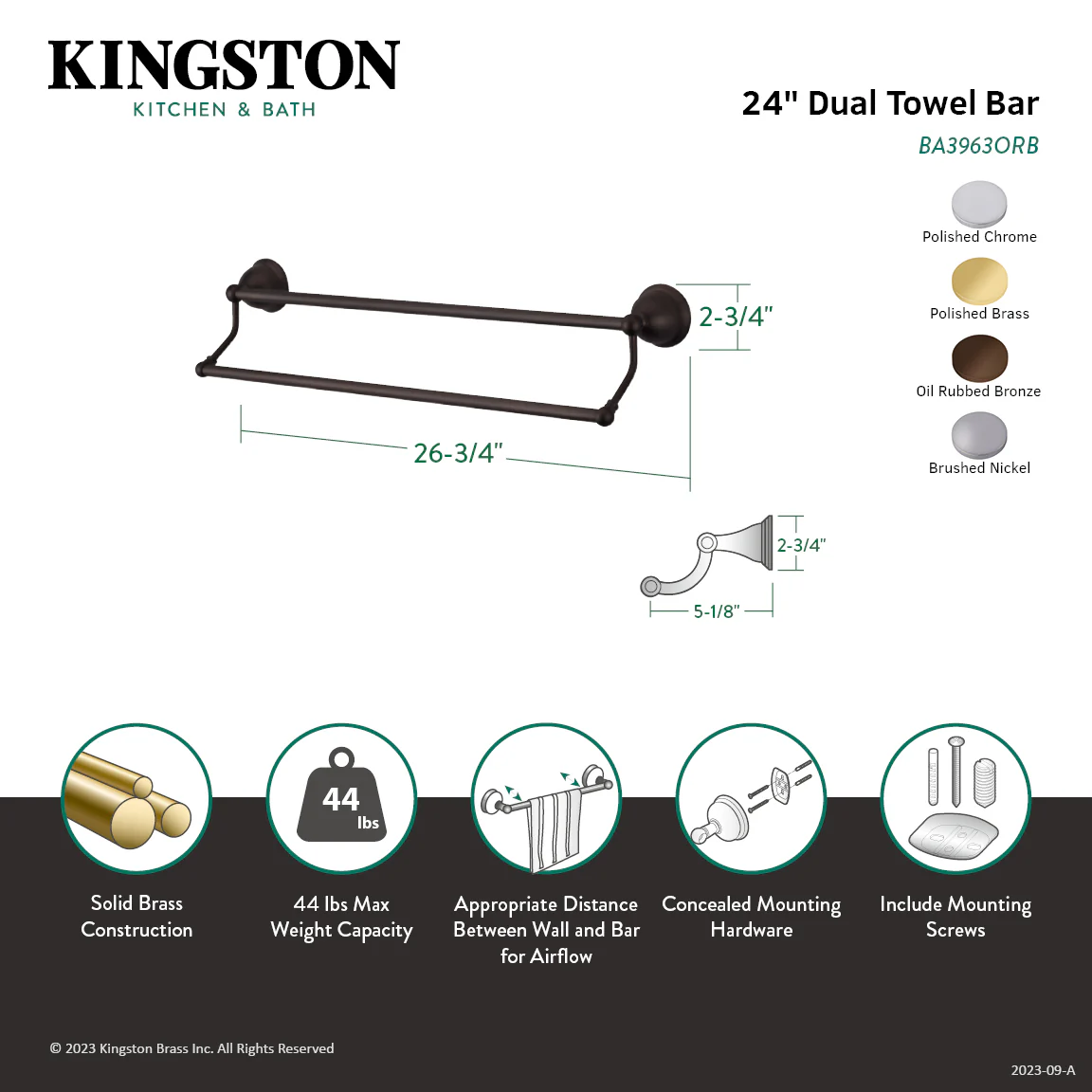 Kingston Heirloom BA3963SN - Restoration 24-Inch Double Towel Bar, Brushed Nickel - Image 4