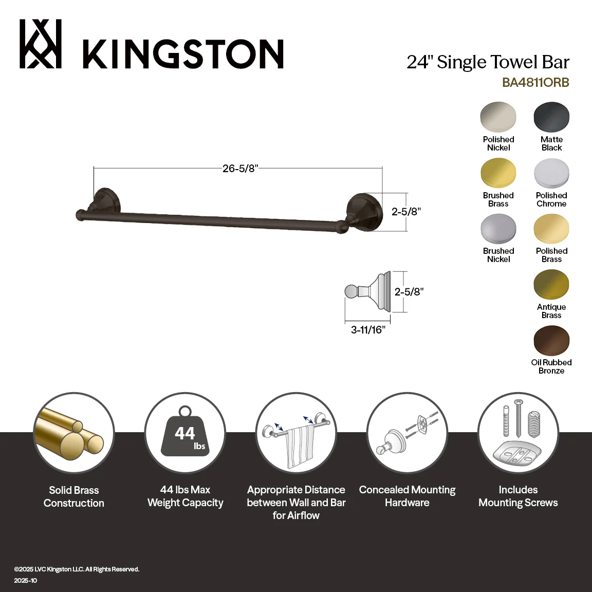 Kingston Tulare BA4811SN - Metropolitan 24-Inch Single Towel Bar, Brushed Nickel - Image 2