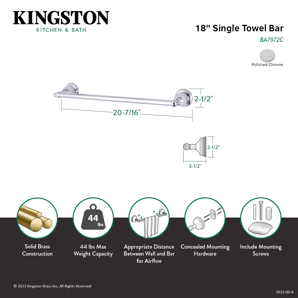 Kingston Heirloom BA7972C - English Vintage 18-Inch Single Towel Bar, Polished Chrome - Image 2