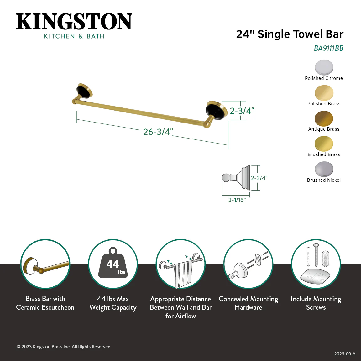 Kingston Heirloom BA9111AB - Water Onyx 24-Inch Single Towel Bar, Antique Brass - Image 3