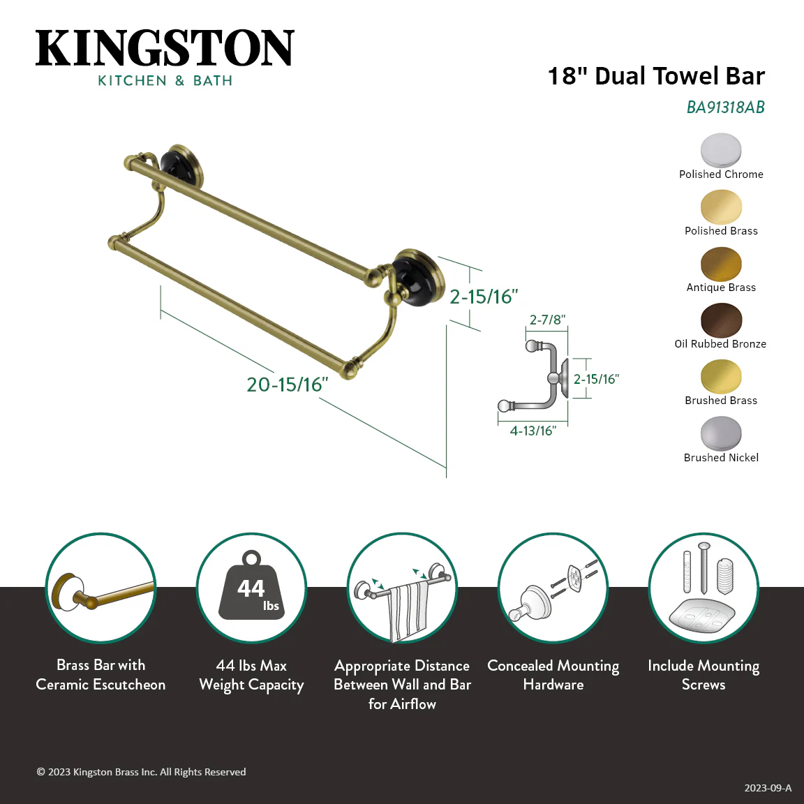 Kingston Heirloom BA91318BN - Water Onyx 18-Inch Double Towel Bar, Brushed Nickel - Image 2