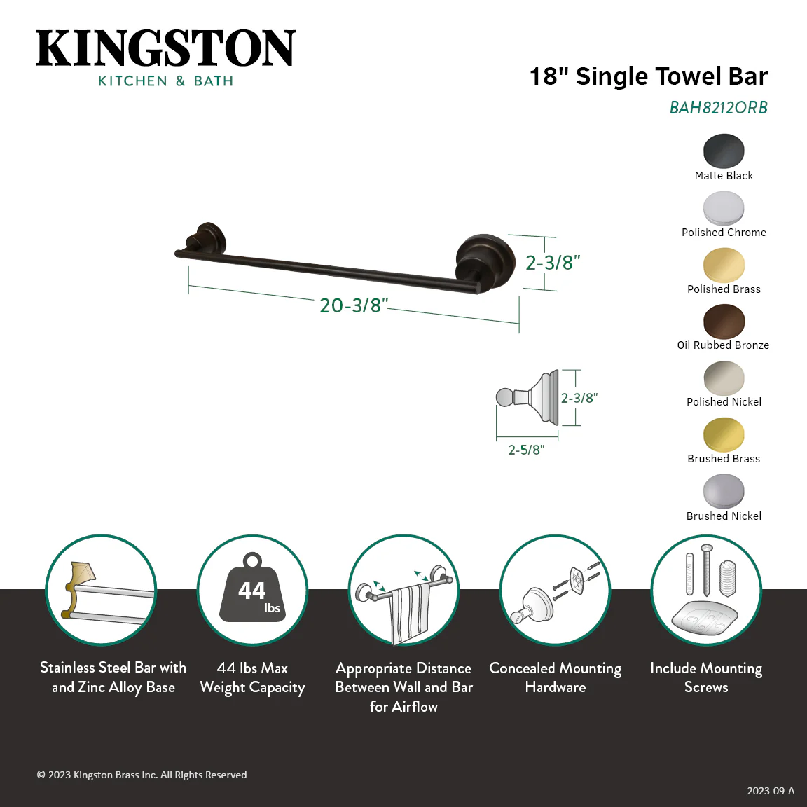 Kingston Concord BAH8212SB 18-Inch Single Towel Bar, Brushed Brass - Image 2
