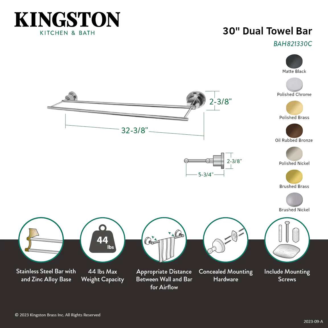Kingston Sona BAH821330SN - Concord 30-Inch Double Towel Bar, Brushed Nickel - Image 2