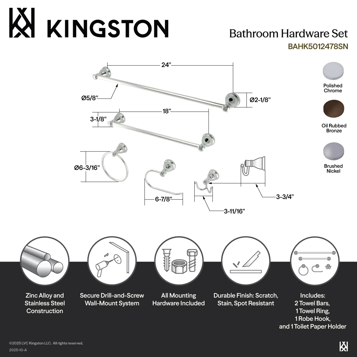 Kingston Tulare BAHK5012478SN - Mesa Verde 5-Piece 18-Inch and 24-Inch Towel Bars Bathroom Accessory Set, Brushed Nickel - Image 3