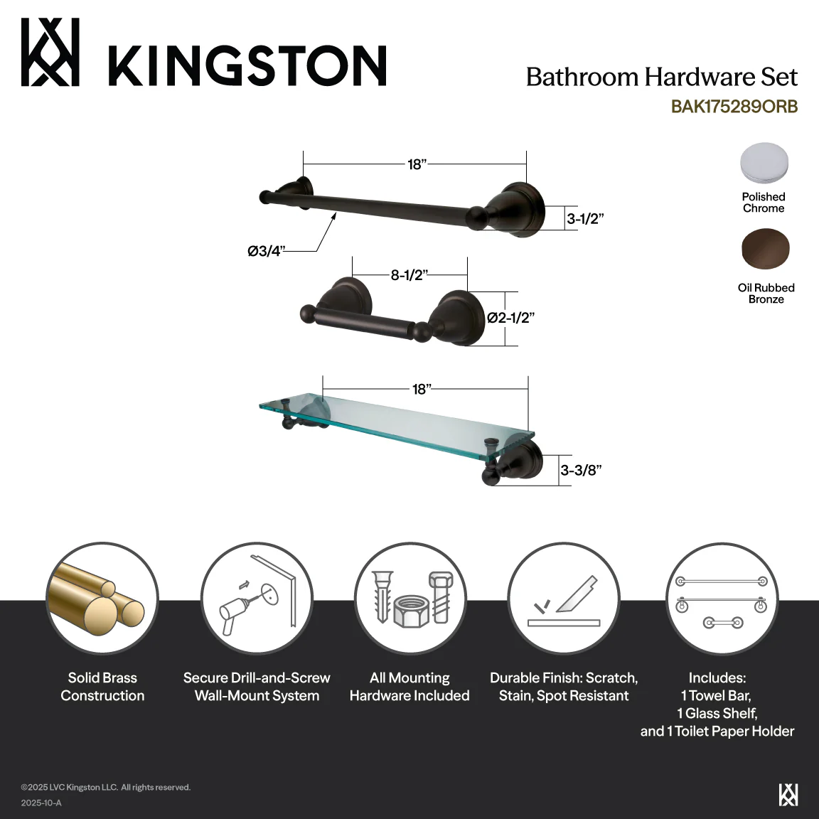 Kingston Heirloom BAK175289C - Heritage 3-Piece 18-Inch Towel Bar Bathroom Accessory Set, Polished Chrome - Image 2