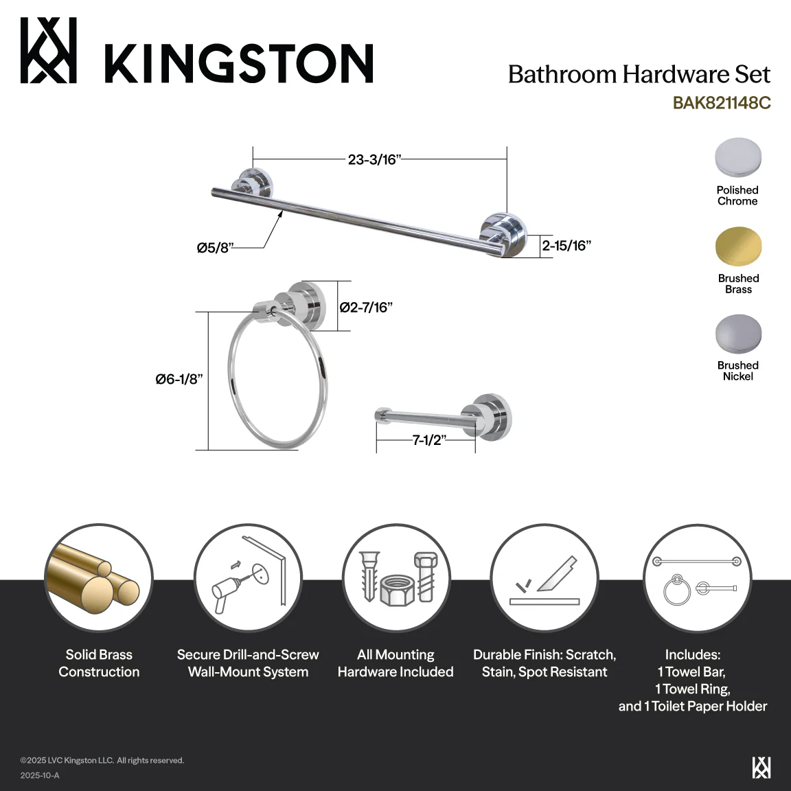 Kingston Sona BAK821148SN - Concord 3-Piece 24-Inch Towel Bar Bathroom Accessory Set, Brushed Nickel - Image 3