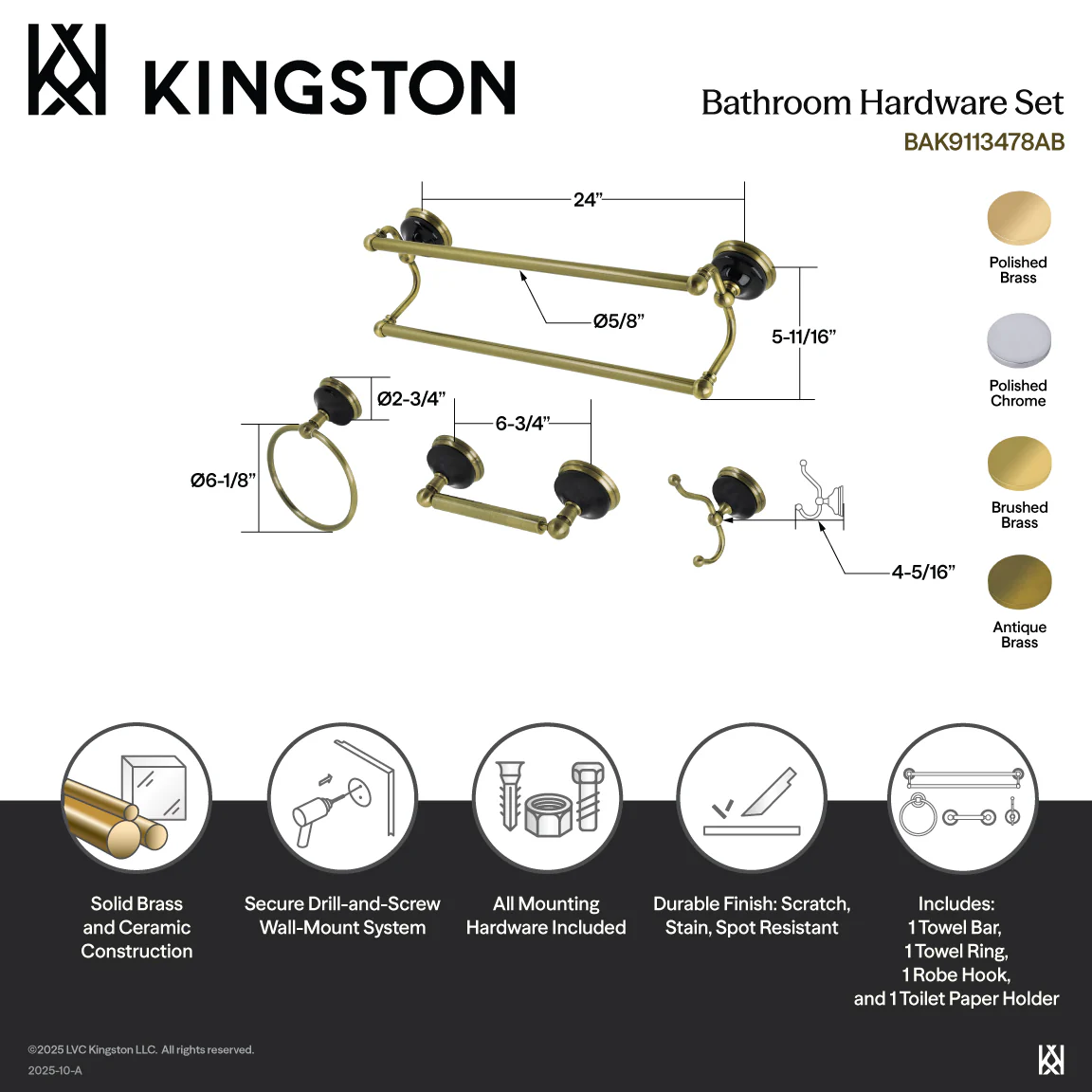Kingston Heirloom BAK9113478AB - Water Onyx 4-Piece 24-Inch Dual Towel Bar Bathroom Accessory Set, Antique Brass - Image 2