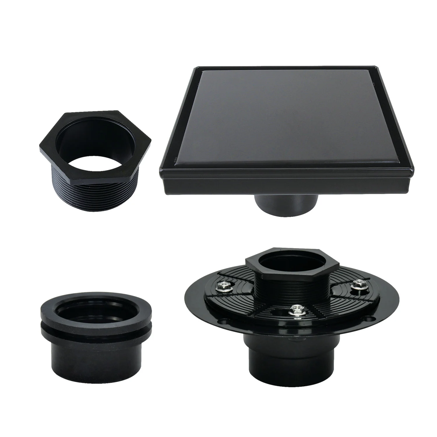 Kingston Watercourse BSFK6620 6-Inch Stainless Steel Square Shower Drain with Flange, Matte Black