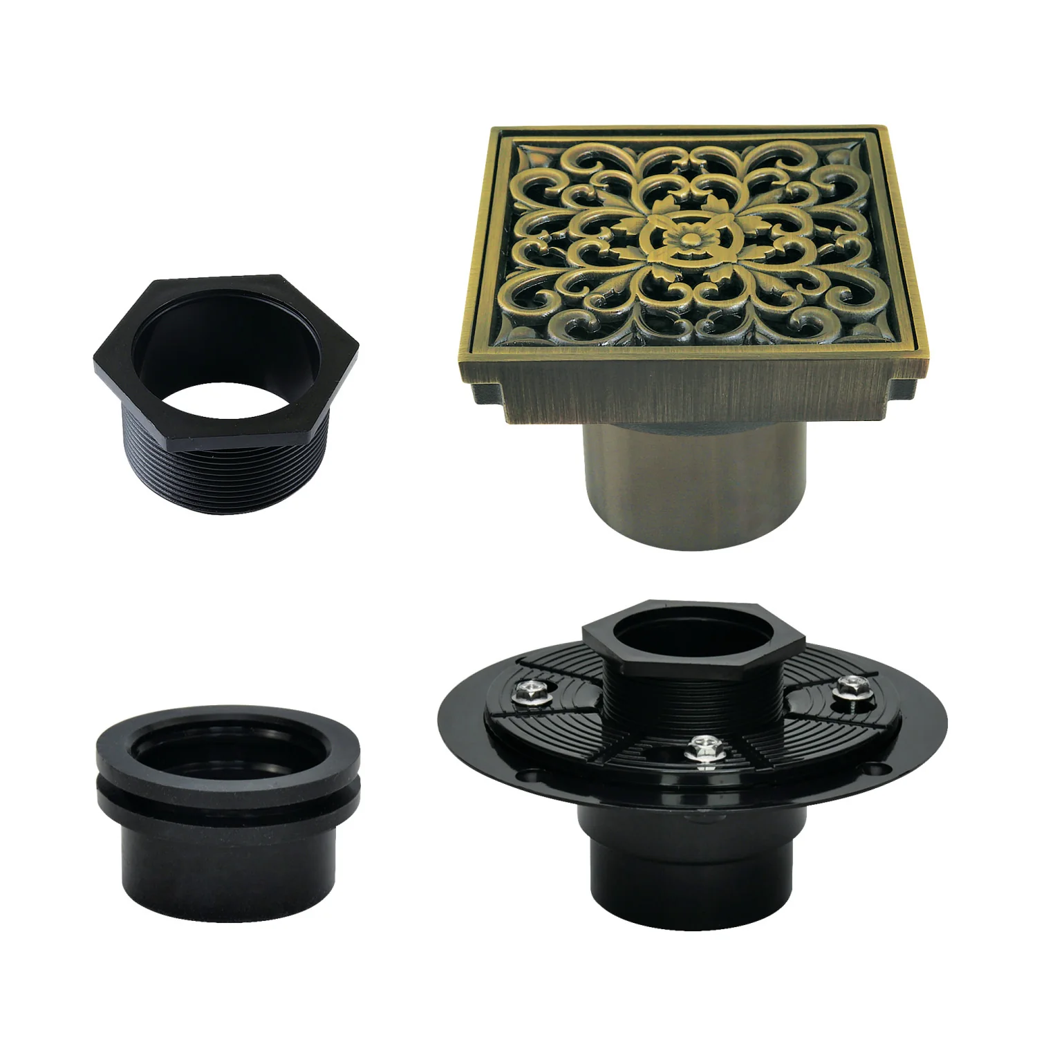 Kingston Watercourse BSFK9771AB 4-Inch Brass Square Grid Shower Drain with Hair Strainer and Base Flange, Antique Brass
