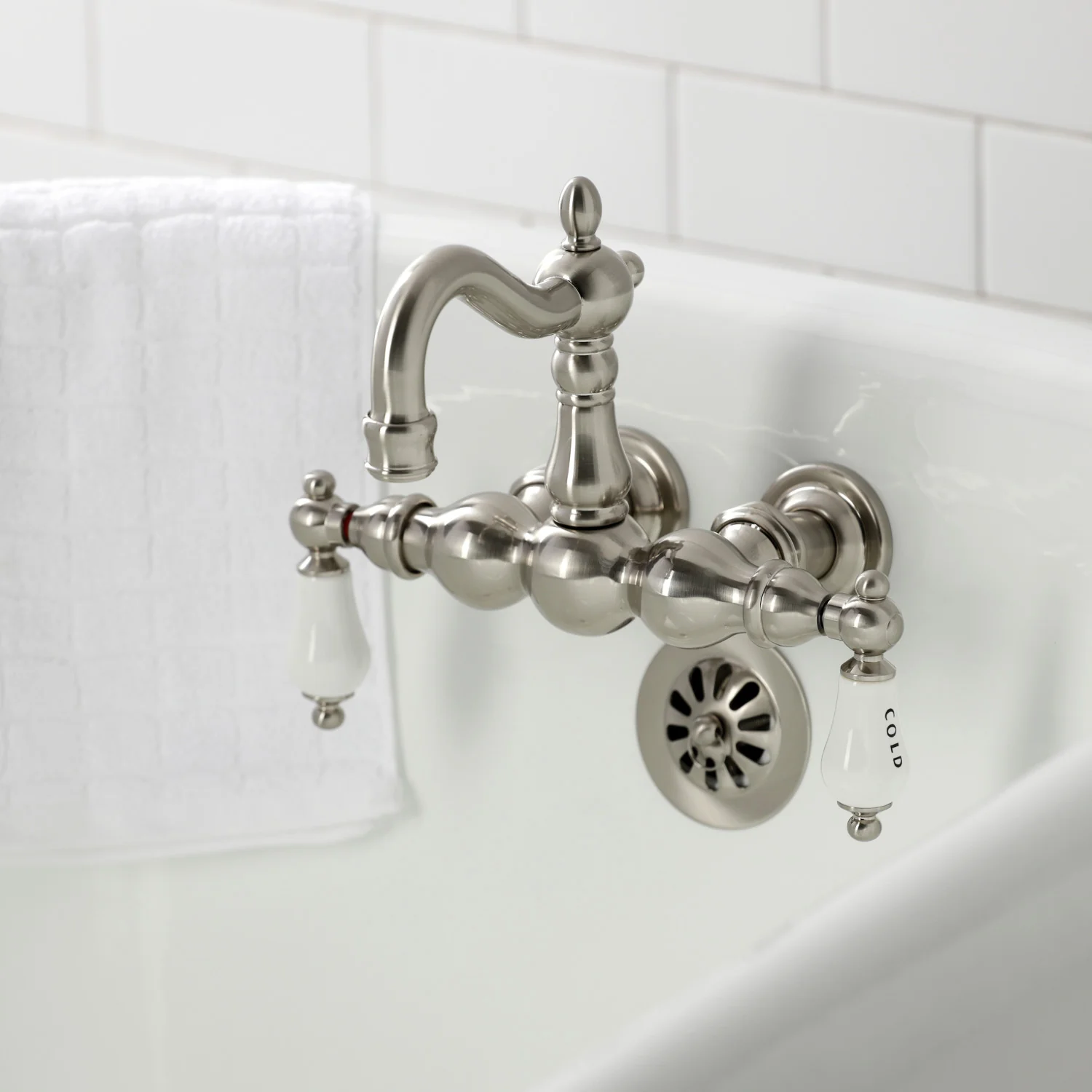 Kingston Heirloom CA1003T8 - Heritage Two-Handle 2-Hole Tub Wall Mount Clawfoot Tub Faucet, Brushed Nickel - Image 2