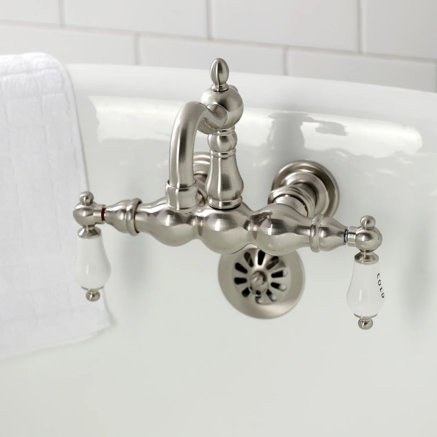 Kingston Heirloom CA1003T8 - Heritage Two-Handle 2-Hole Tub Wall Mount Clawfoot Tub Faucet, Brushed Nickel - Image 3