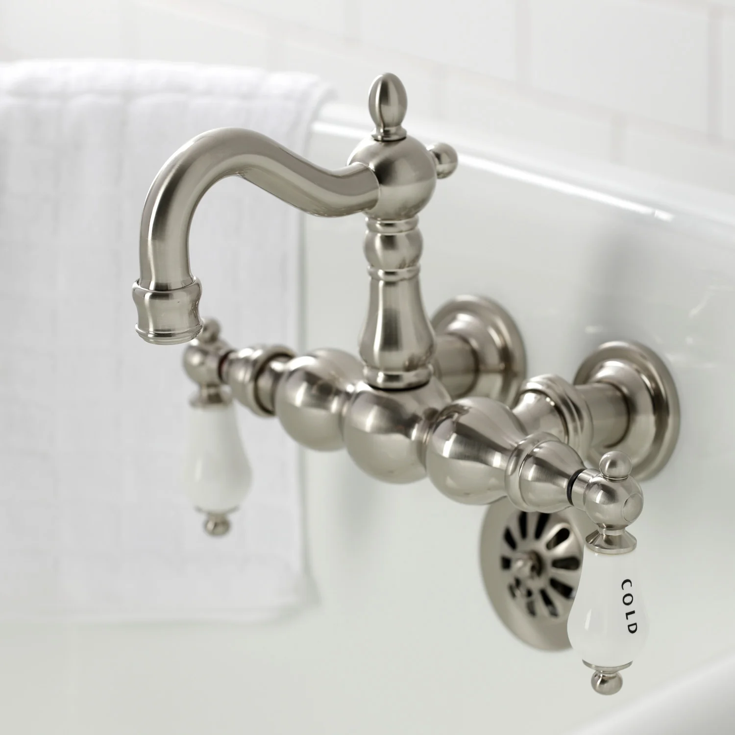 Kingston Heirloom CA1003T8 - Heritage Two-Handle 2-Hole Tub Wall Mount Clawfoot Tub Faucet, Brushed Nickel - Image 4