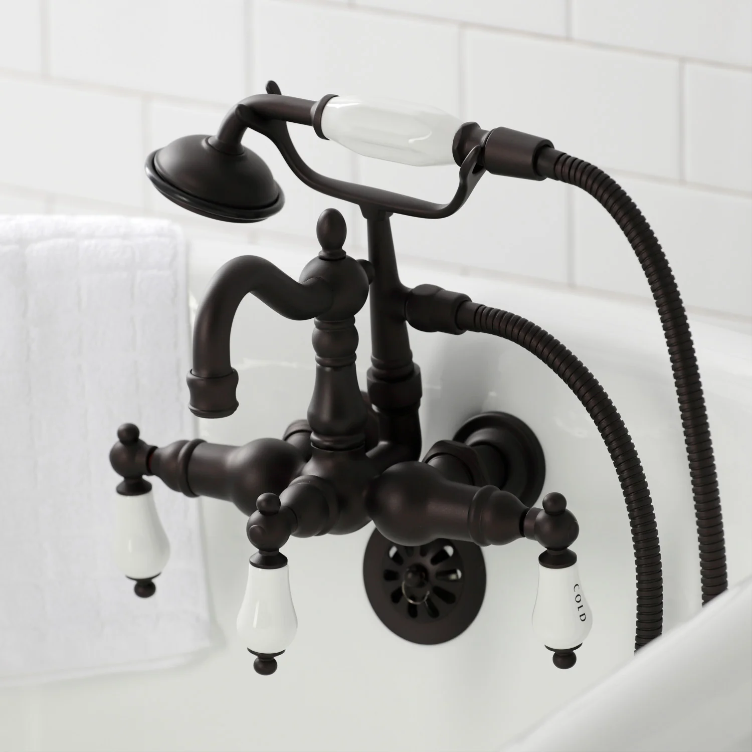 Kingston Heirloom CA1009T5 - Heritage Three-Handle 2-Hole Tub Wall Mount Clawfoot Tub Faucet with Hand Shower, Oil Rubbed Bronze - Image 2