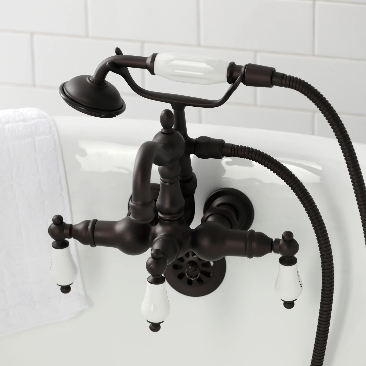 Kingston Heirloom CA1009T5 - Heritage Three-Handle 2-Hole Tub Wall Mount Clawfoot Tub Faucet with Hand Shower, Oil Rubbed Bronze - Image 3