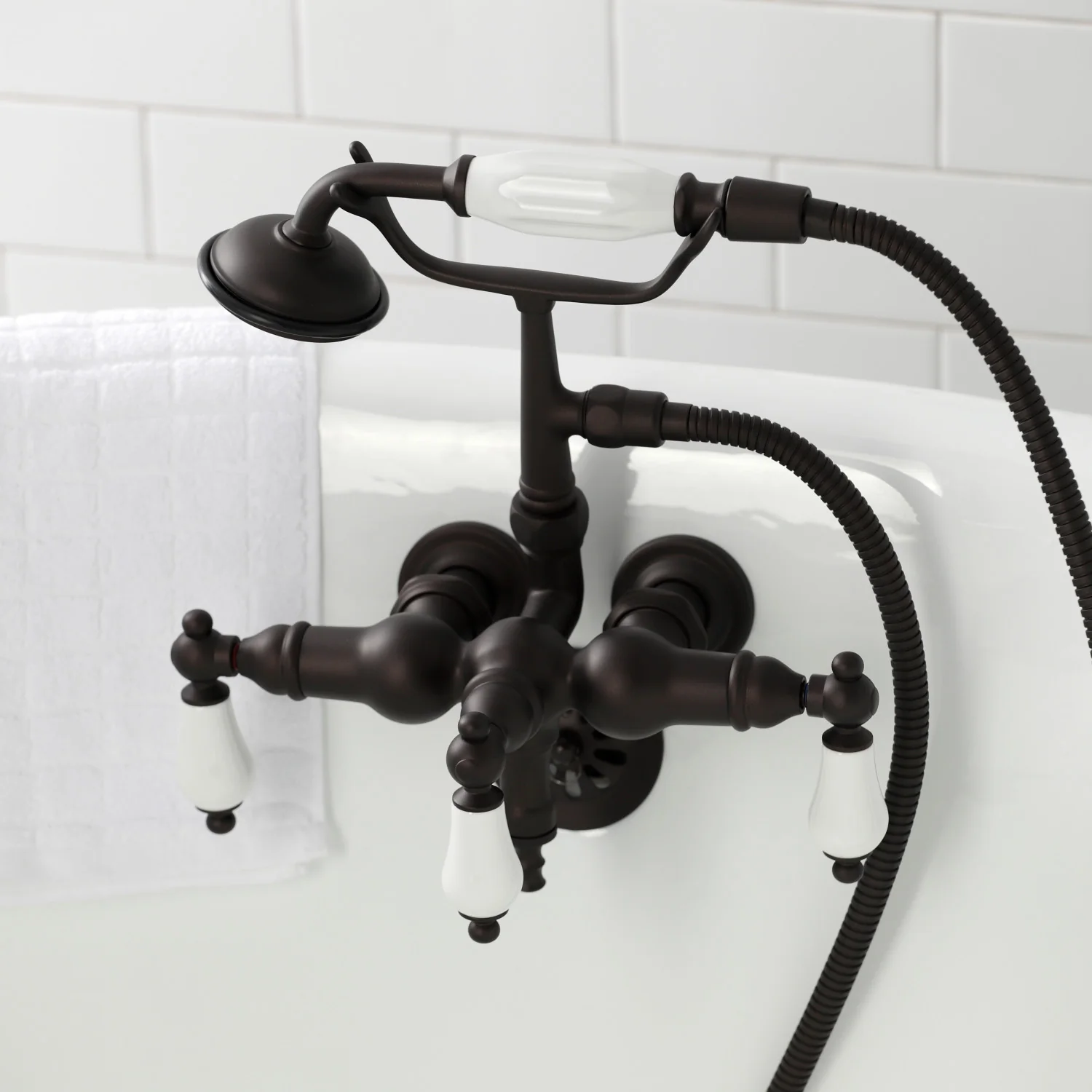 Kingston Heirloom CA23T5 - Vintage Three-Handle 2-Hole Tub Wall Mount Clawfoot Tub Faucet with Hand Shower, Oil Rubbed Bronze - Image 3