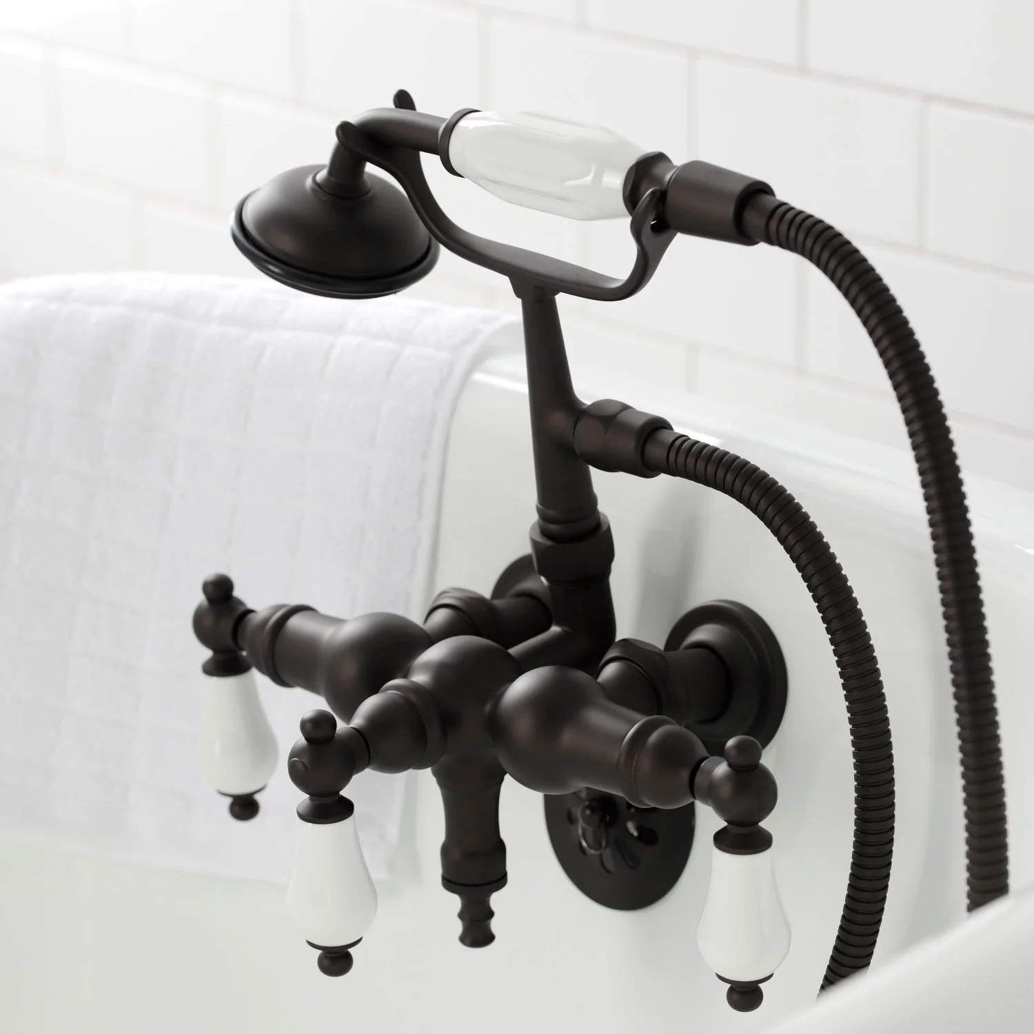 Kingston Heirloom CA23T5 - Vintage Three-Handle 2-Hole Tub Wall Mount Clawfoot Tub Faucet with Hand Shower, Oil Rubbed Bronze - Image 4