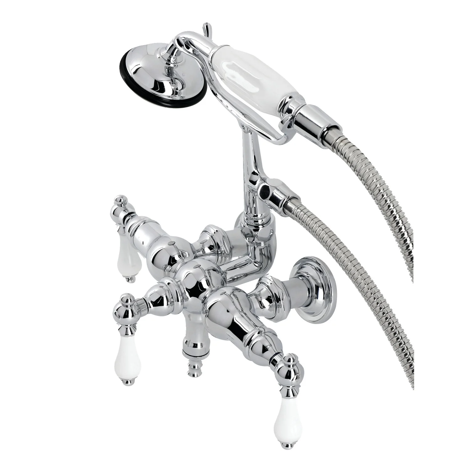 Kingston Heirloom CA24T1 - Vintage Three-Handle 2-Hole Tub Wall Mount Clawfoot Tub Faucet with Hand Shower, Polished Chrome