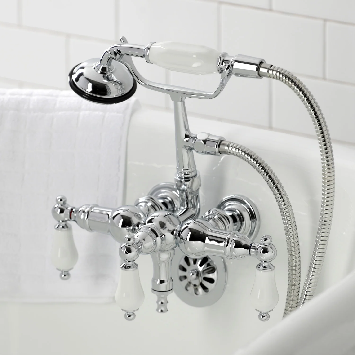 Kingston Heirloom CA24T1 - Vintage Three-Handle 2-Hole Tub Wall Mount Clawfoot Tub Faucet with Hand Shower, Polished Chrome - Image 2