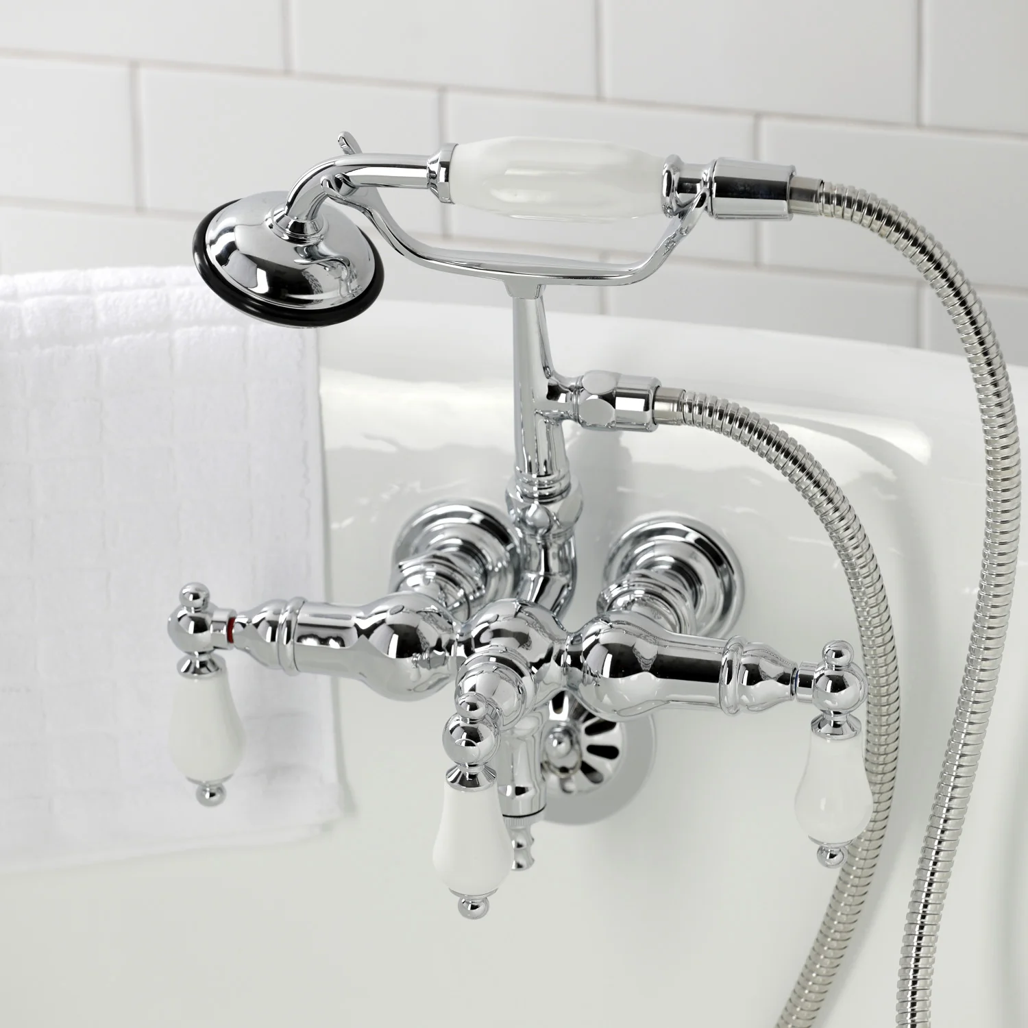 Kingston Heirloom CA24T1 - Vintage Three-Handle 2-Hole Tub Wall Mount Clawfoot Tub Faucet with Hand Shower, Polished Chrome - Image 3