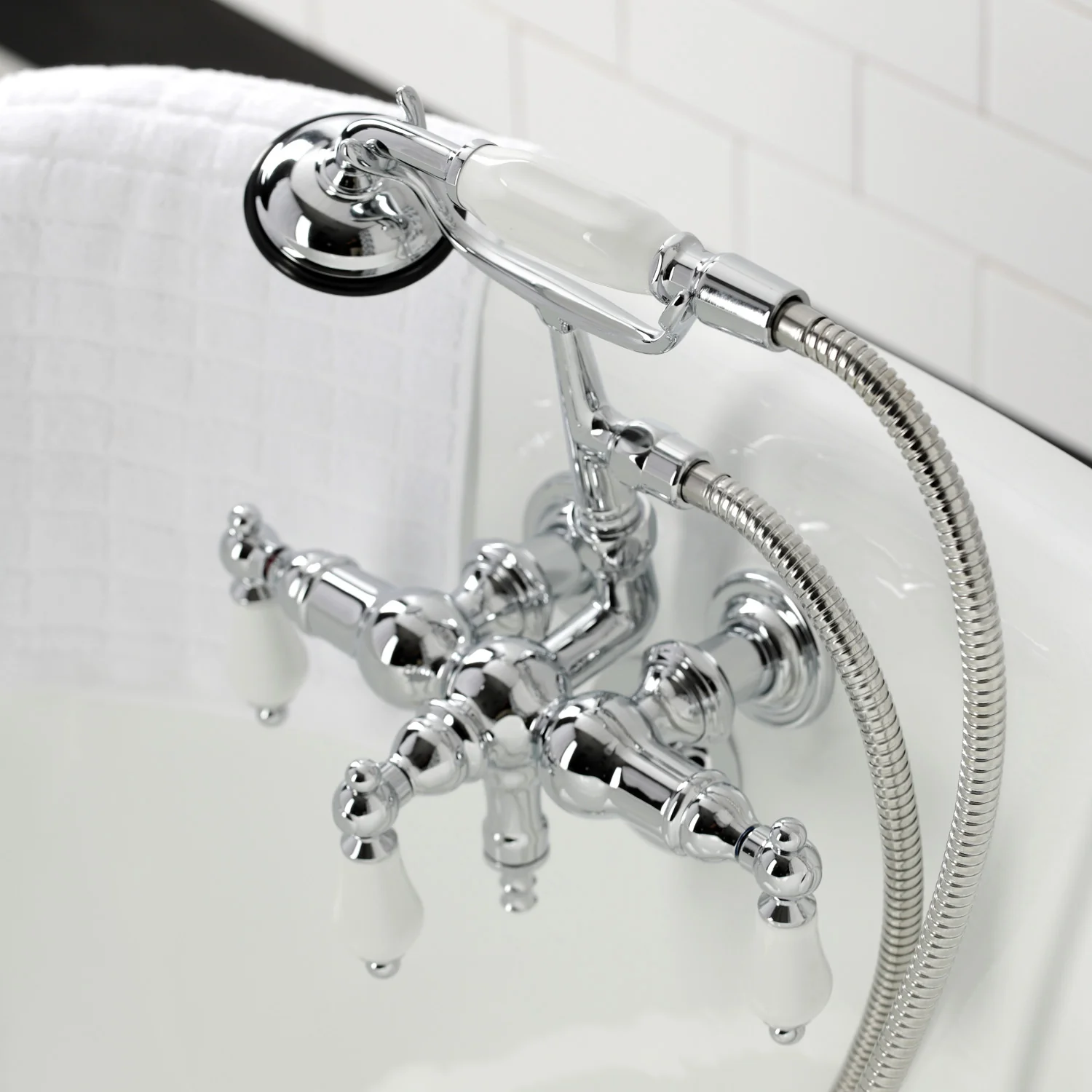 Kingston Heirloom CA24T1 - Vintage Three-Handle 2-Hole Tub Wall Mount Clawfoot Tub Faucet with Hand Shower, Polished Chrome - Image 4