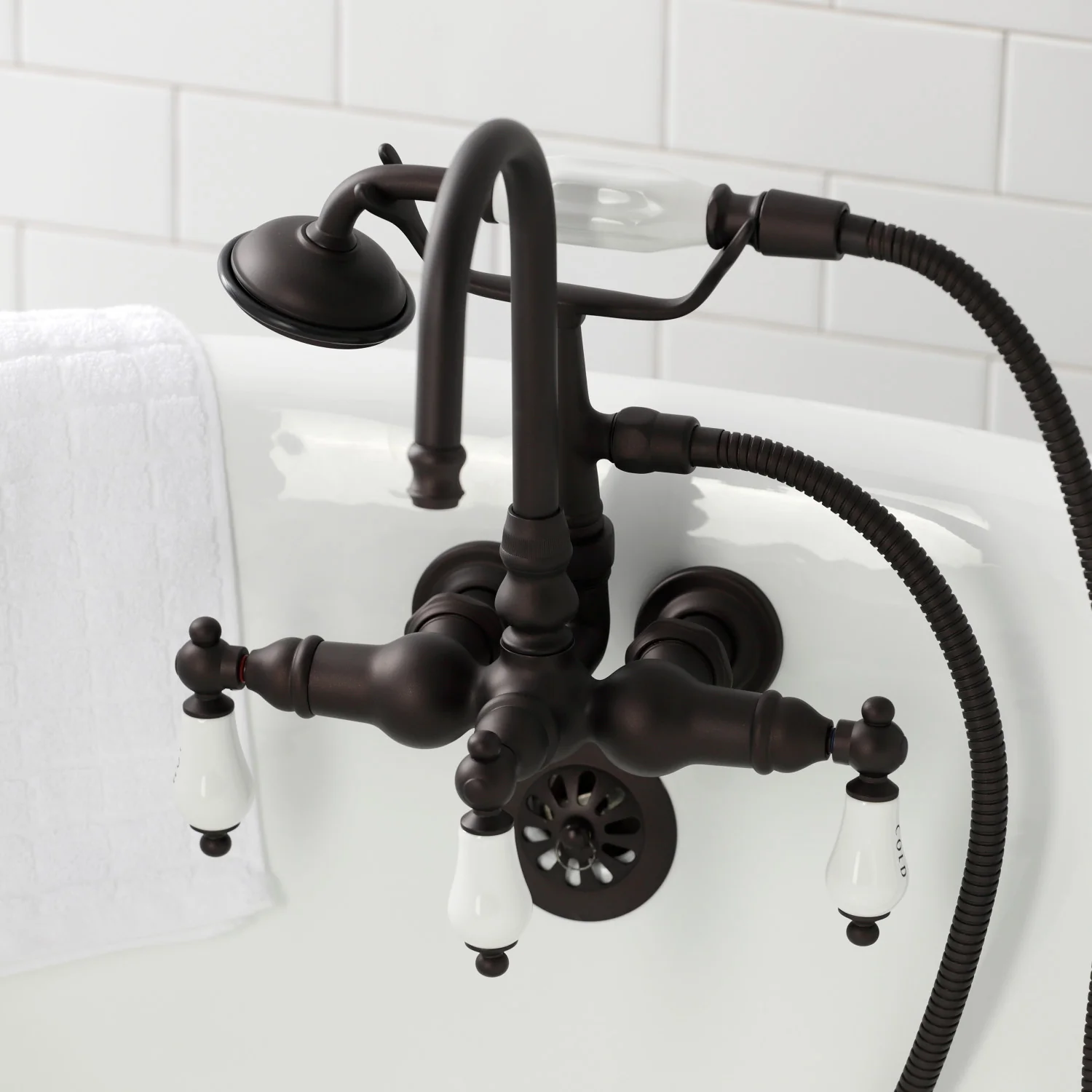 Kingston Heirloom CA9T5 - Vintage Three-Handle 2-Hole Tub Wall Mount Clawfoot Tub Faucet with Hand Shower, Oil Rubbed Bronze - Image 3