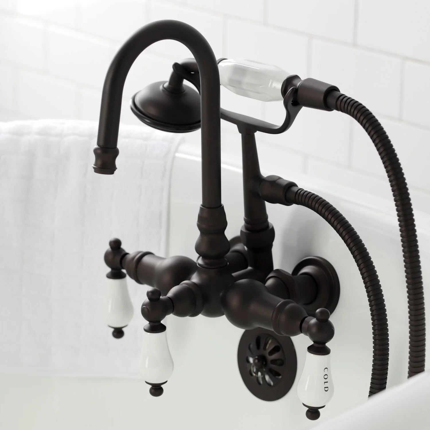 Kingston Heirloom CA9T5 - Vintage Three-Handle 2-Hole Tub Wall Mount Clawfoot Tub Faucet with Hand Shower, Oil Rubbed Bronze - Image 4