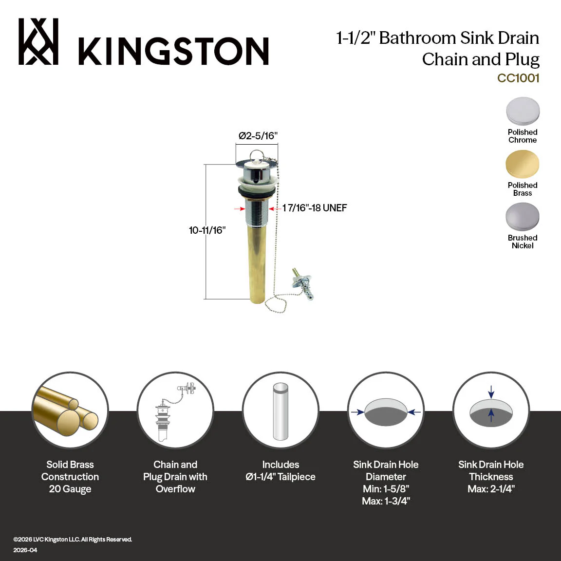 Kingston Heirloom CC1001 - Vintage Brass Chain and Plug Bathroom Sink Drain with Overflow, 20 Gauge, Polished Chrome - Image 3
