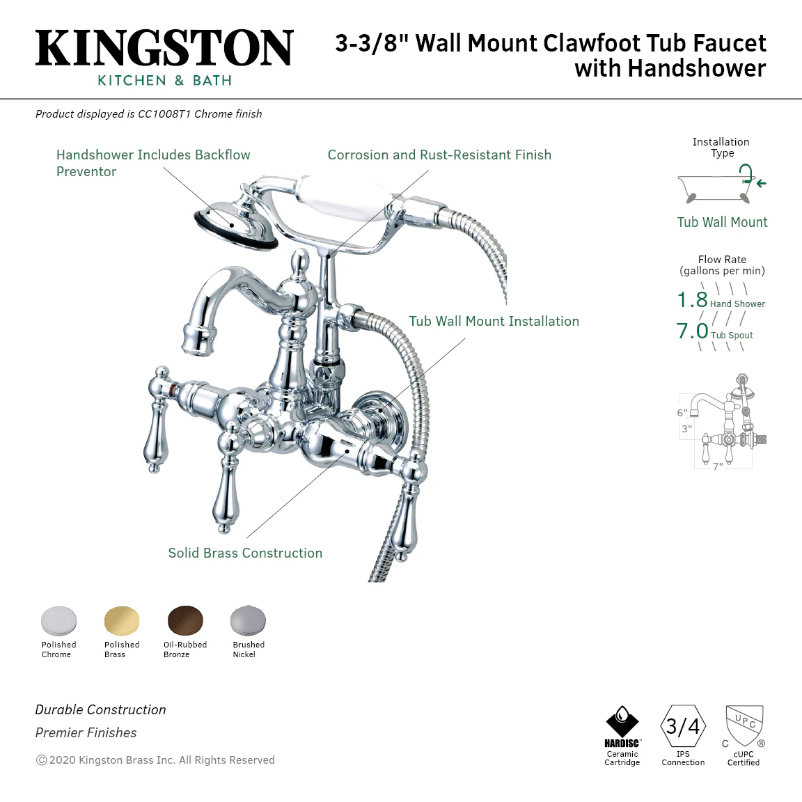 Kingston Heirloom CC1007T5 - Vintage Three-Handle 2-Hole Tub Wall Mount Clawfoot Tub Faucet with Hand Shower, Oil Rubbed Bronze - Image 2
