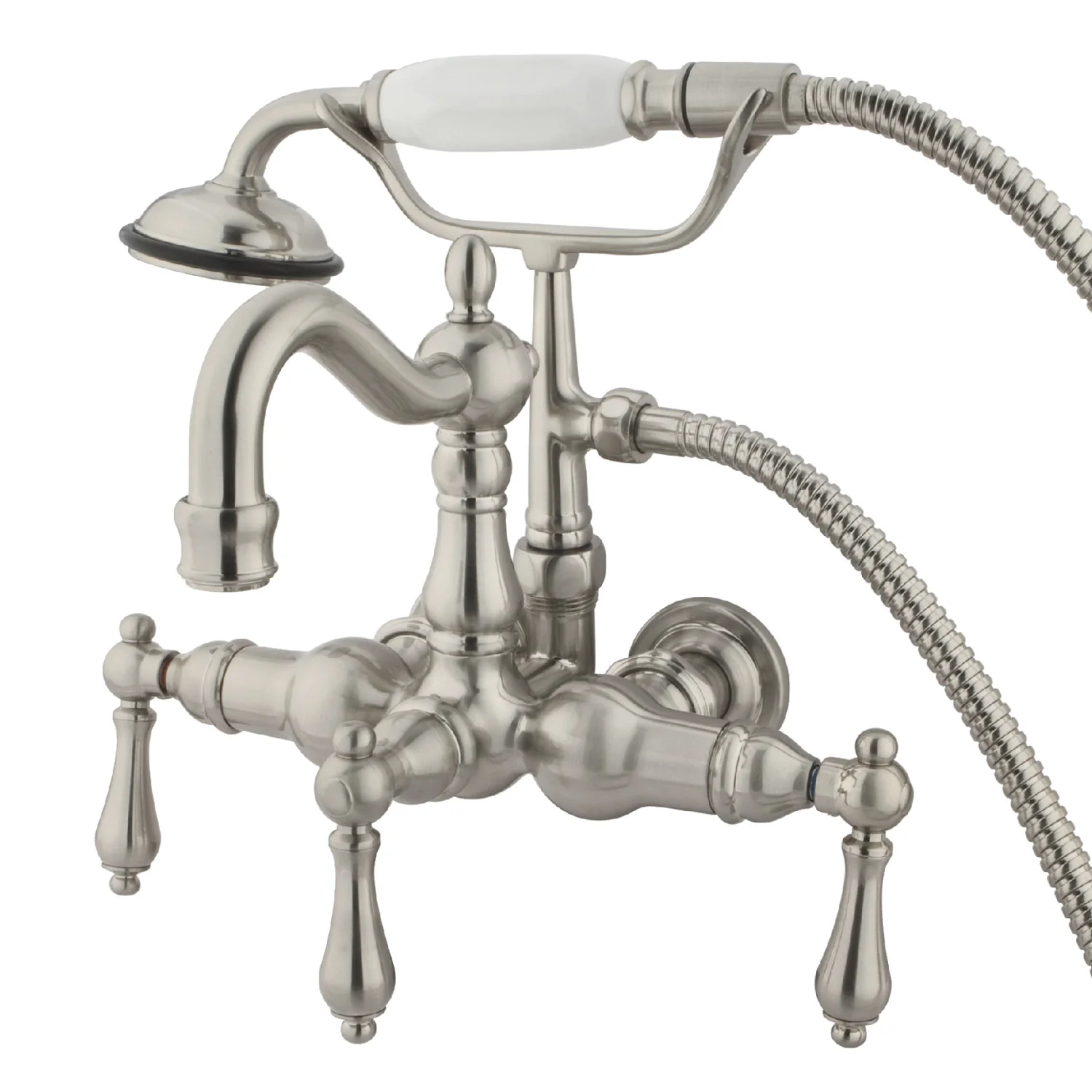 Kingston Heirloom CC1007T8 - Vintage Three-Handle 2-Hole Tub Wall Mount Clawfoot Tub Faucet with Hand Shower, Brushed Nickel