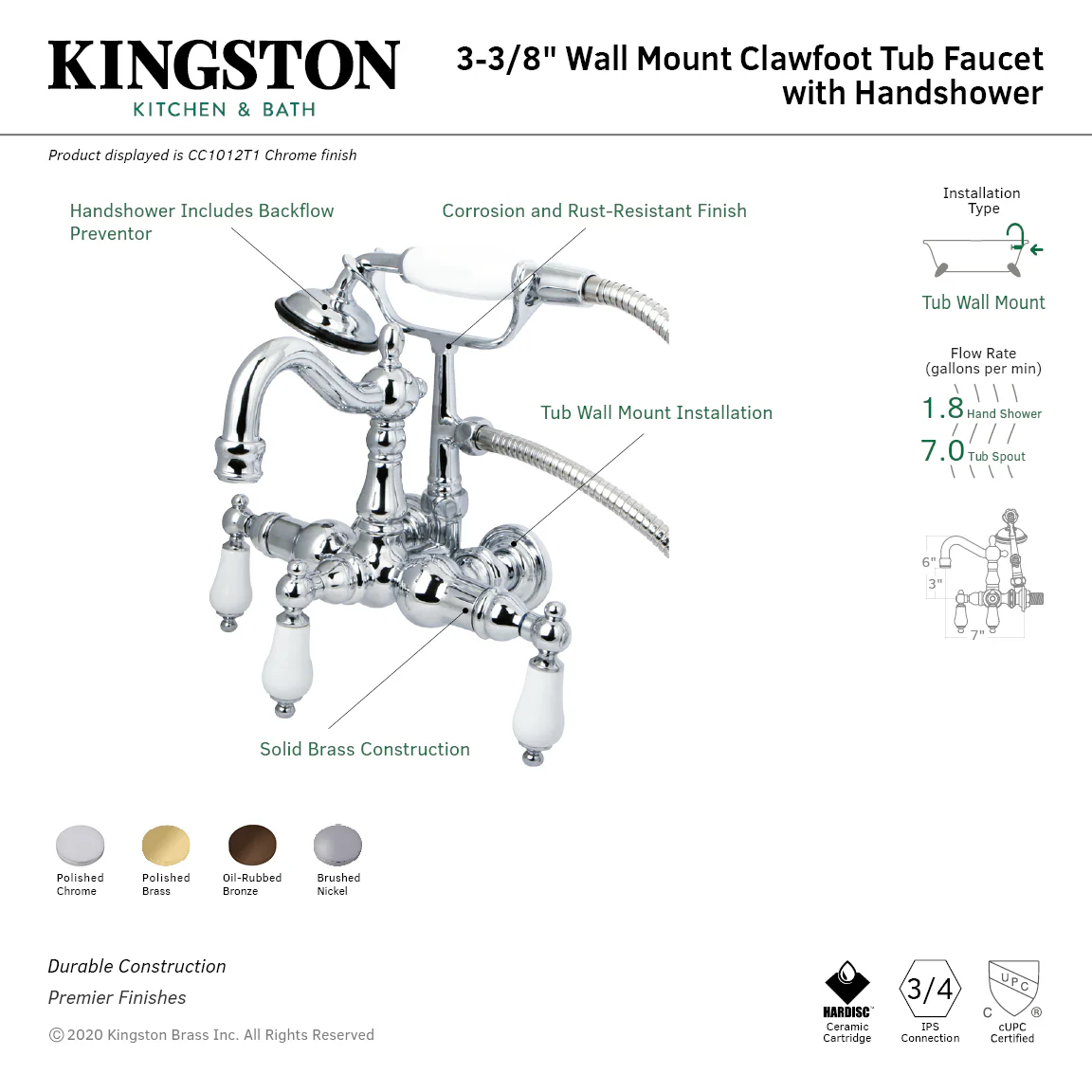 Kingston Heirloom CC1011T5 - Vintage Three-Handle 2-Hole Tub Wall Mount Clawfoot Tub Faucet with Hand Shower, Oil Rubbed Bronze - Image 2