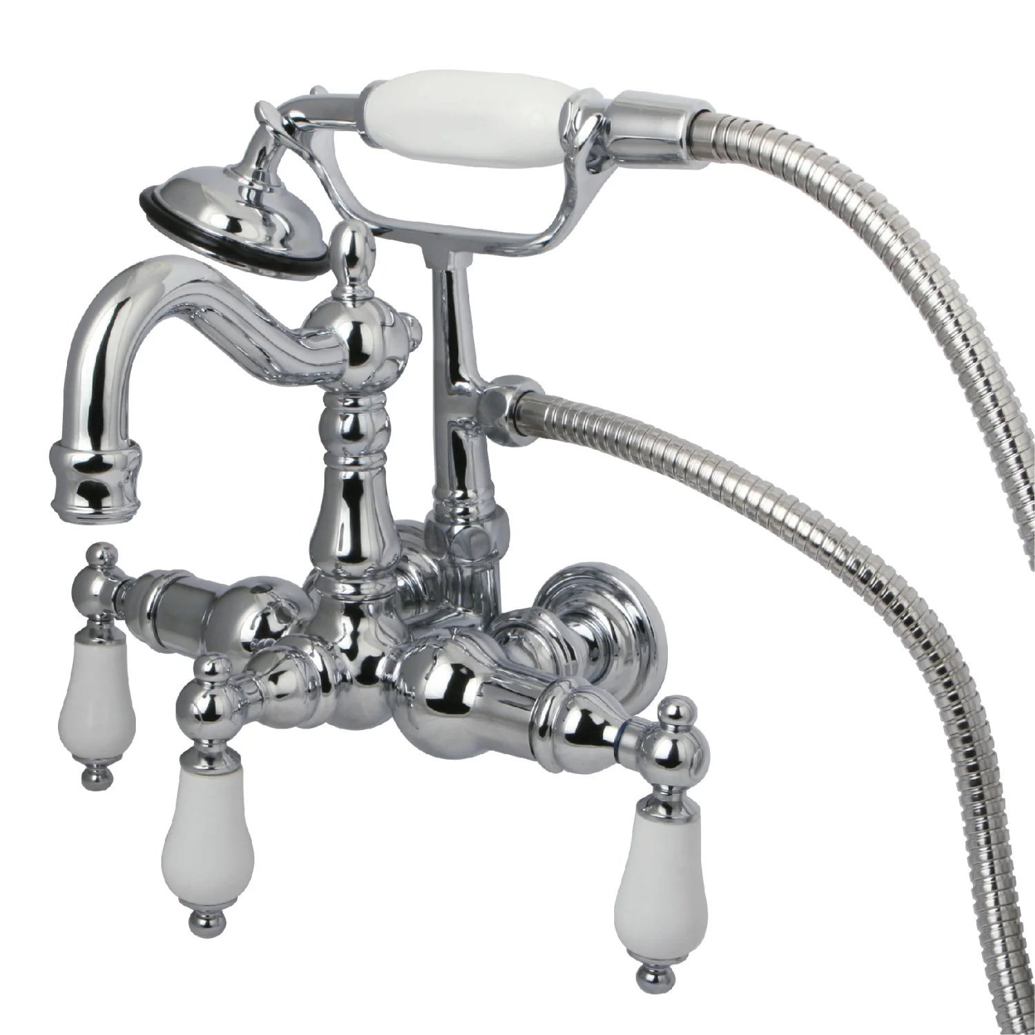 Kingston Heirloom CC1012T1 - Vintage Three-Handle 2-Hole Tub Wall Mount Clawfoot Tub Faucet with Hand Shower, Polished Chrome