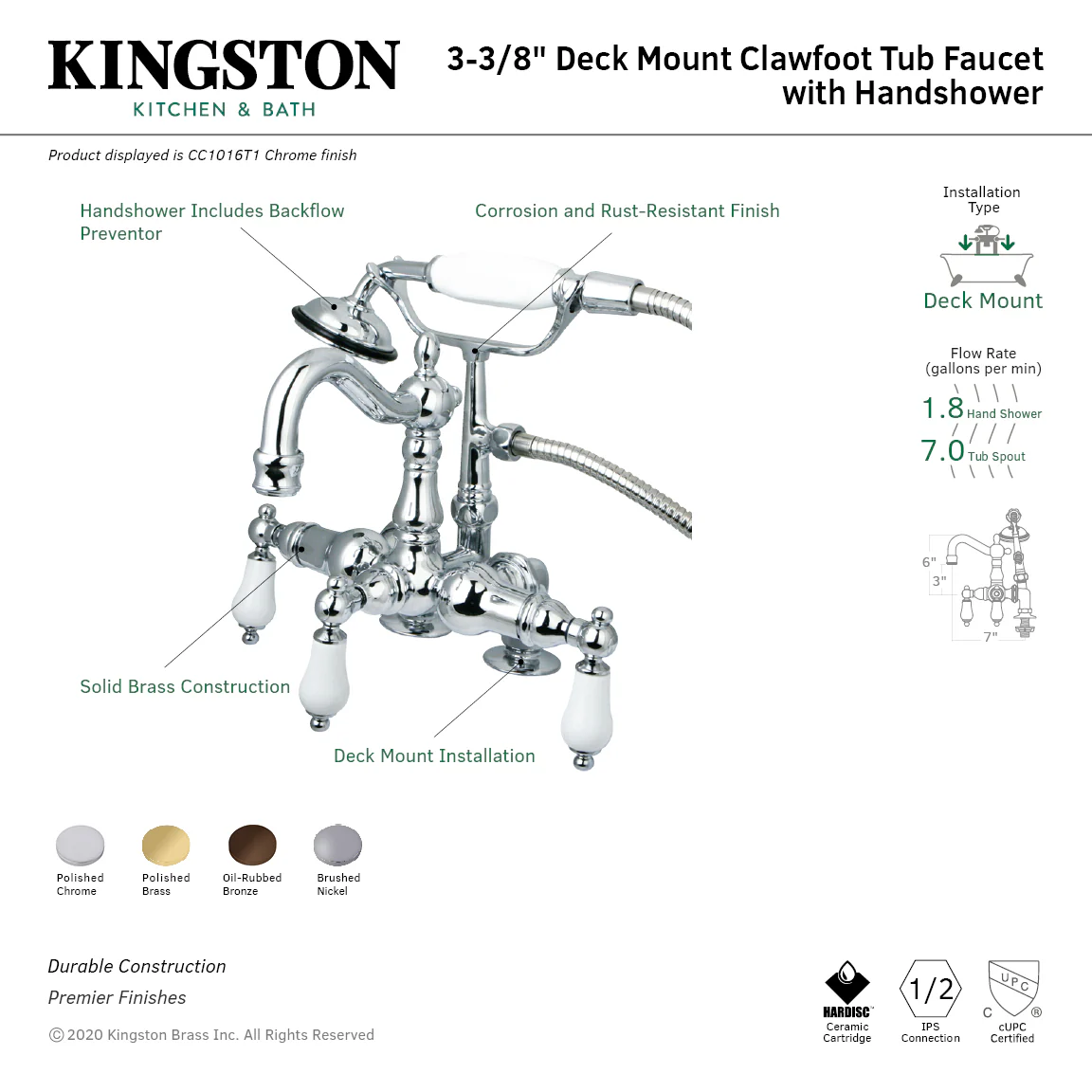Kingston Heirloom CC1015T5 - Vintage Three-Handle 2-Hole Deck-Mount Clawfoot Tub Faucet with Hand Shower, Oil Rubbed Bronze - Image 2
