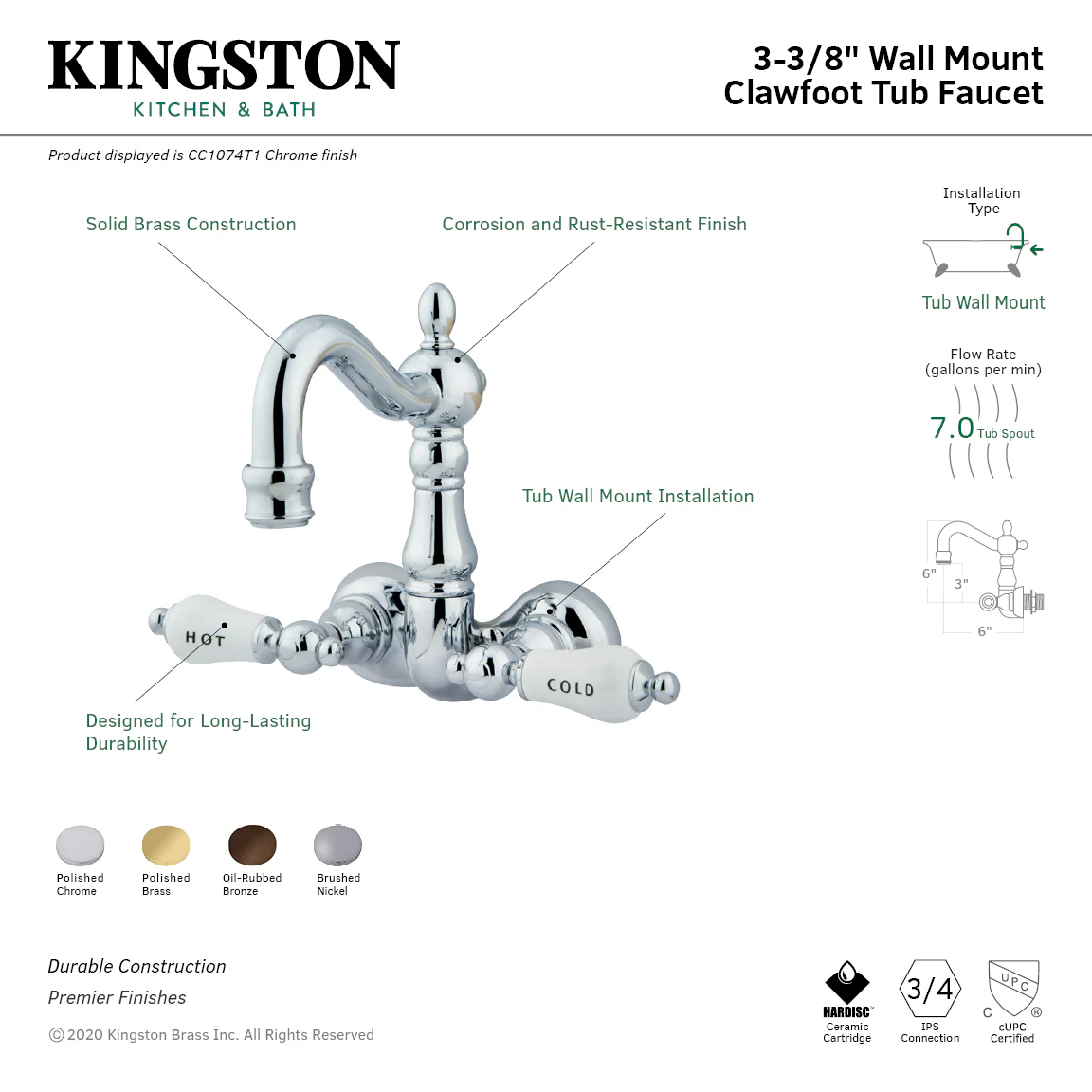 Kingston Heirloom CC1073T2 - Vintage Two-Handle 2-Hole Tub Wall Mount Clawfoot Tub Faucet, Polished Brass - Image 2