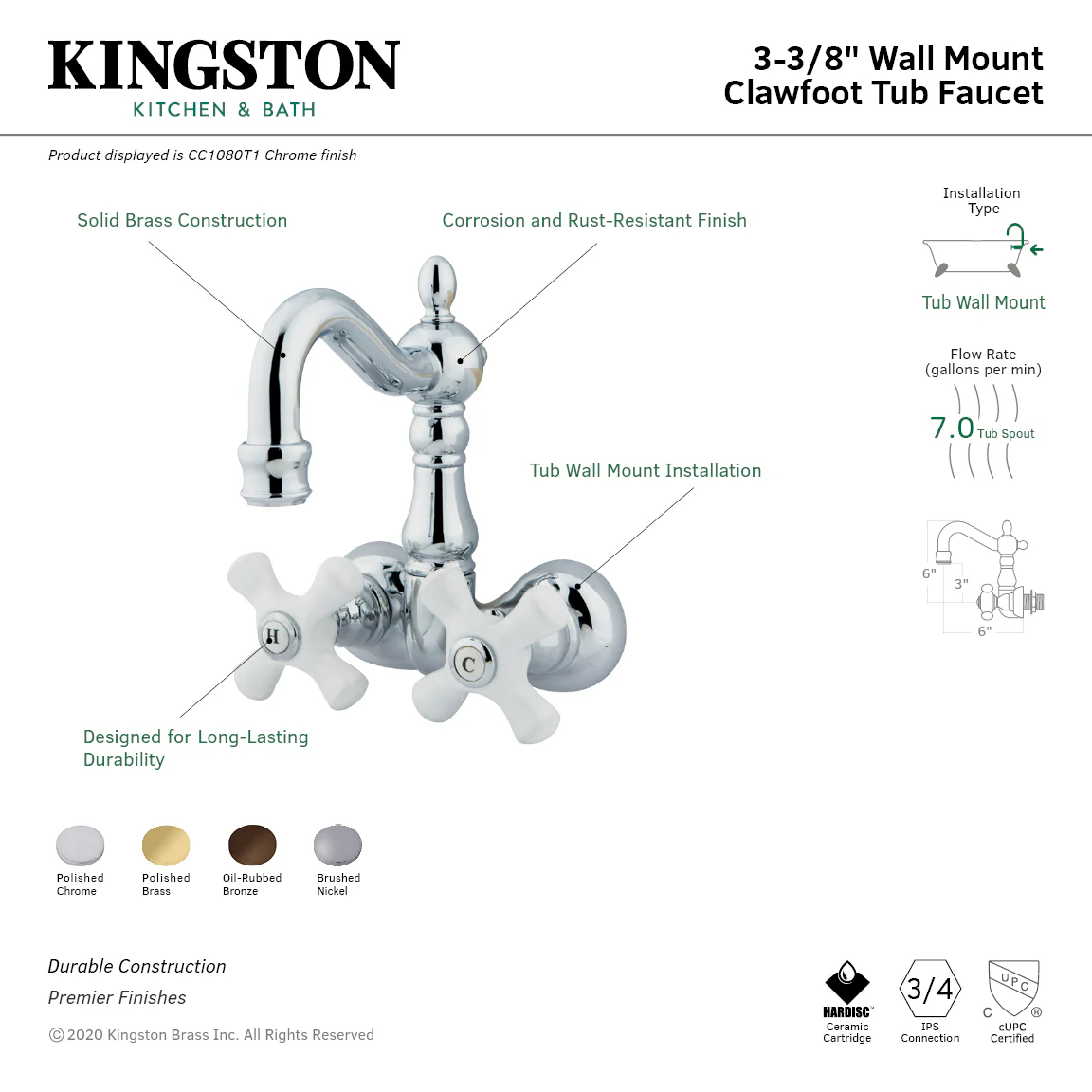 Kingston Heirloom CC1079T5 - Vintage Two-Handle 2-Hole Tub Wall Mount Clawfoot Tub Faucet, Oil Rubbed Bronze - Image 2