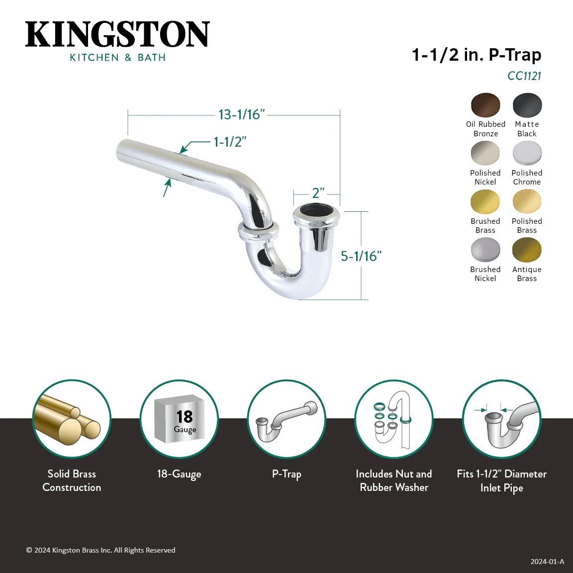 Kingston Made To Match CC1120MB 1-1/2 Inch Decor P-Trap without Flange, 13-1/16 Inch Length, 18 Gauge, Matte Black - Image 2