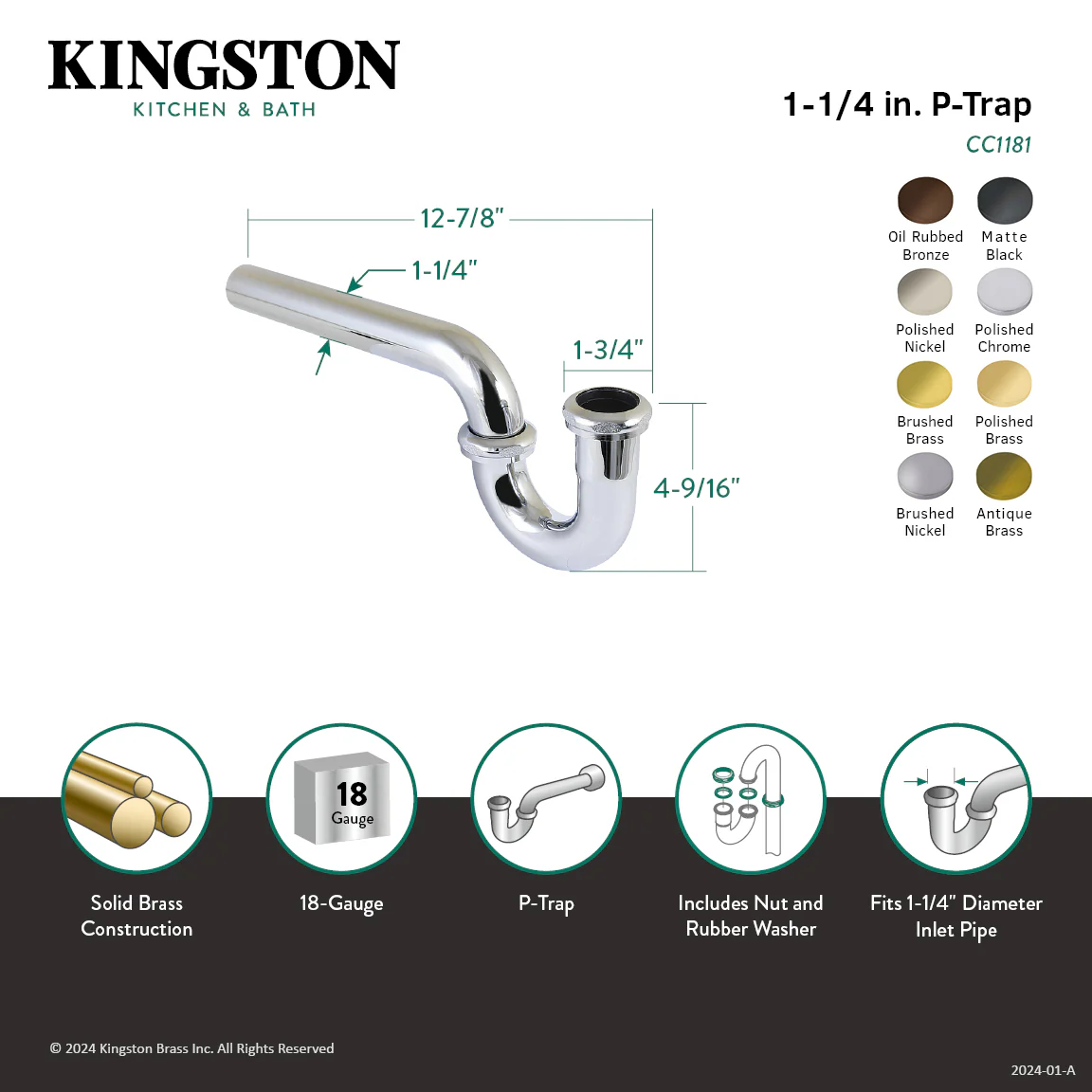 Kingston Made To Match CC1187 1-1/4 Inch Decor P-Trap without Flange, 12-7/8 Inch Length, 18 Gauge, Brushed Brass - Image 2