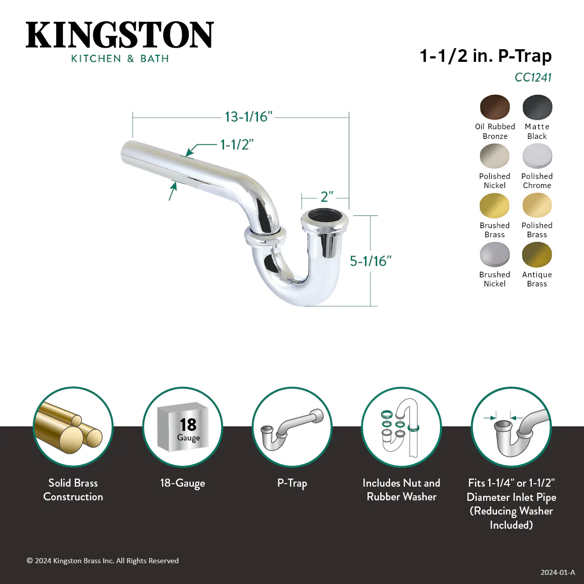 Kingston Made To Match CC1243 1-1/4 (or 1-1/2) x 1-1/2 Inch Decor P-Trap without Flange, 13-1/16 Inch Length, 18 Gauge, Antique Brass - Image 2
