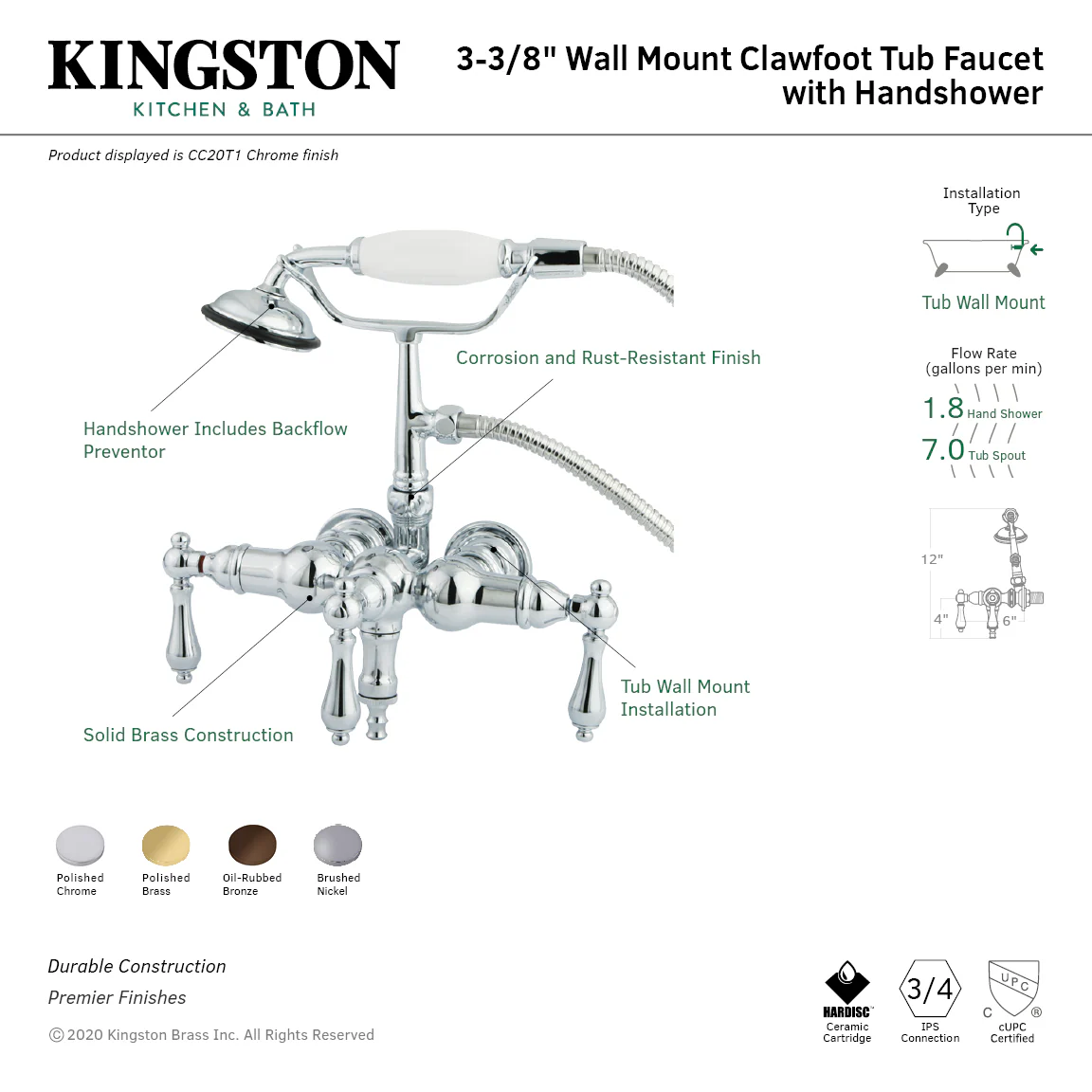 Kingston Heirloom CC19T5 - Vintage Three-Handle 2-Hole Tub Wall Mount Clawfoot Tub Faucet with Hand Shower, Oil Rubbed Bronze - Image 2