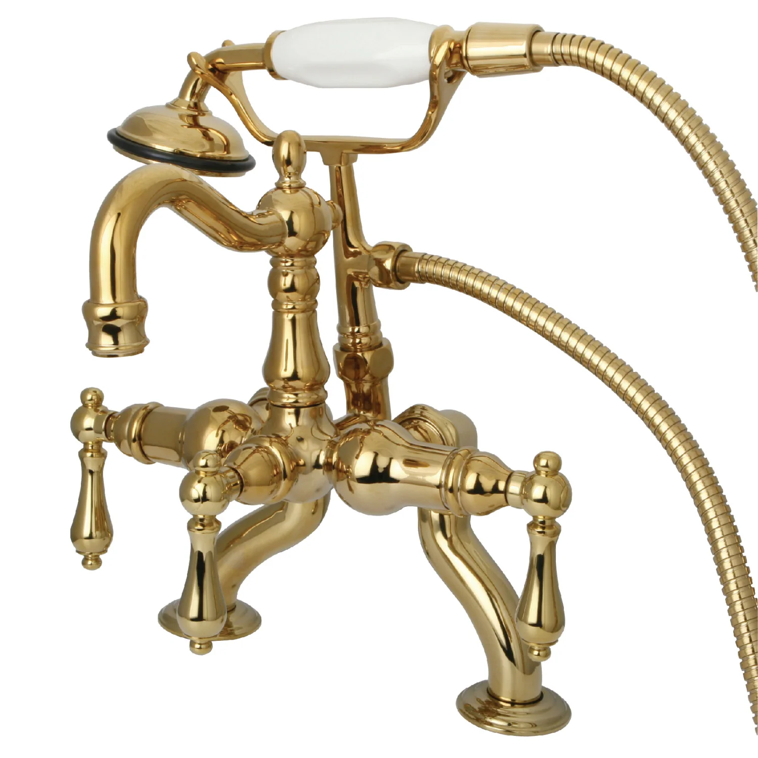 Kingston Heirloom CC2007T2 - Vintage Three-Handle 2-Hole Deck-Mount Clawfoot Tub Faucet with Hand Shower, Polished Brass
