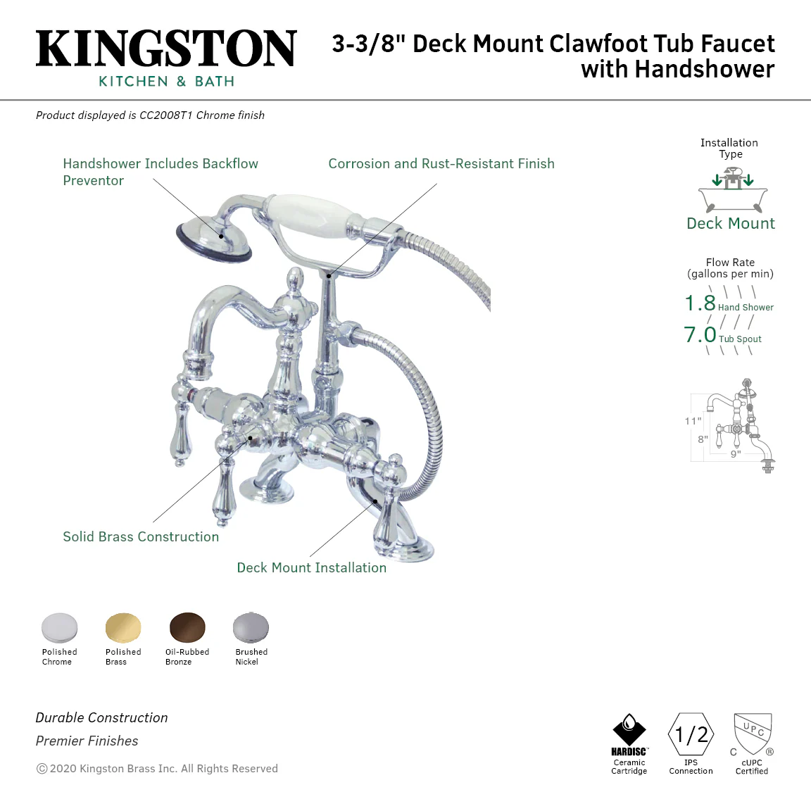 Kingston Heirloom CC2007T2 - Vintage Three-Handle 2-Hole Deck-Mount Clawfoot Tub Faucet with Hand Shower, Polished Brass - Image 2