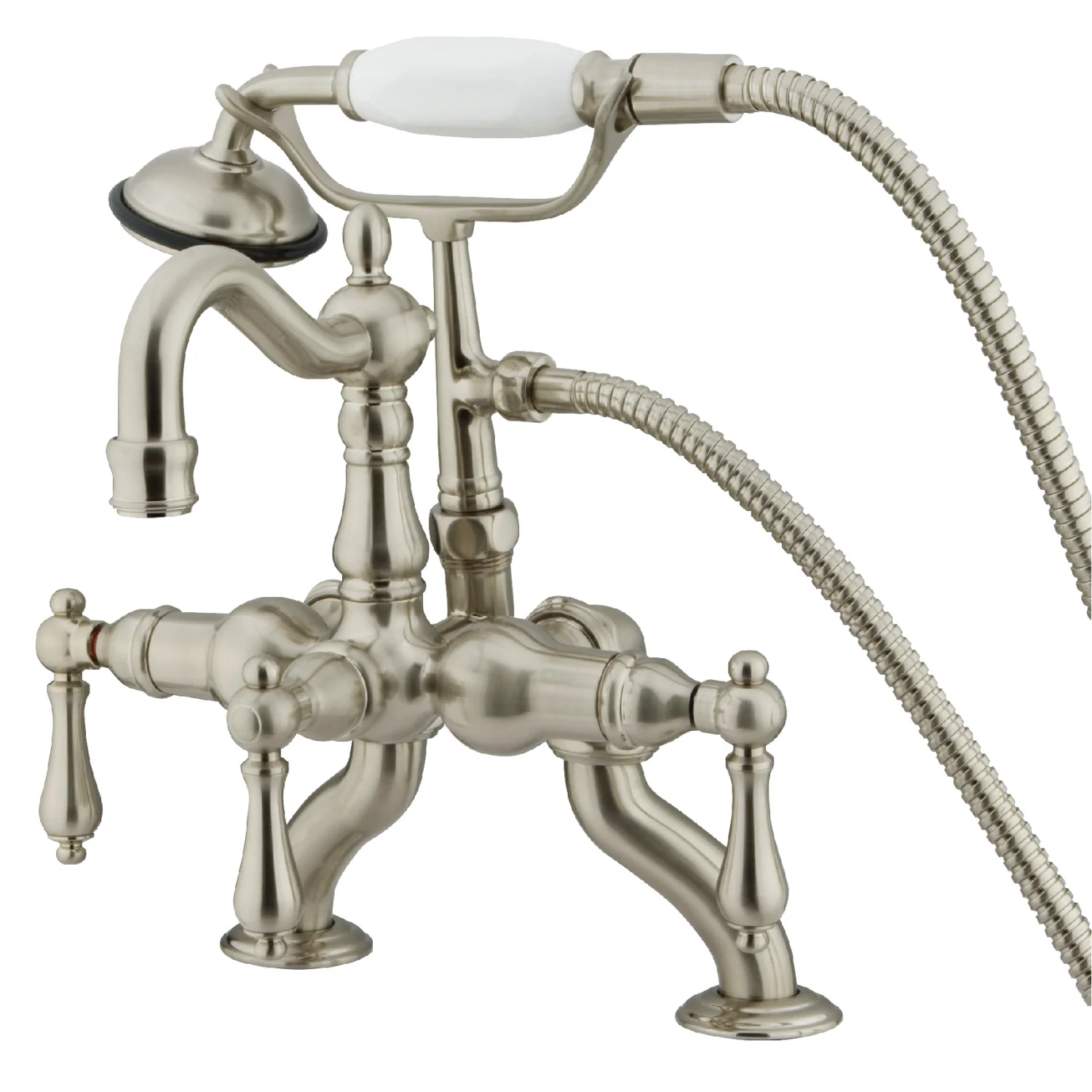 Kingston Heirloom CC2007T8 - Vintage Three-Handle 2-Hole Deck-Mount Clawfoot Tub Faucet with Hand Shower, Brushed Nickel