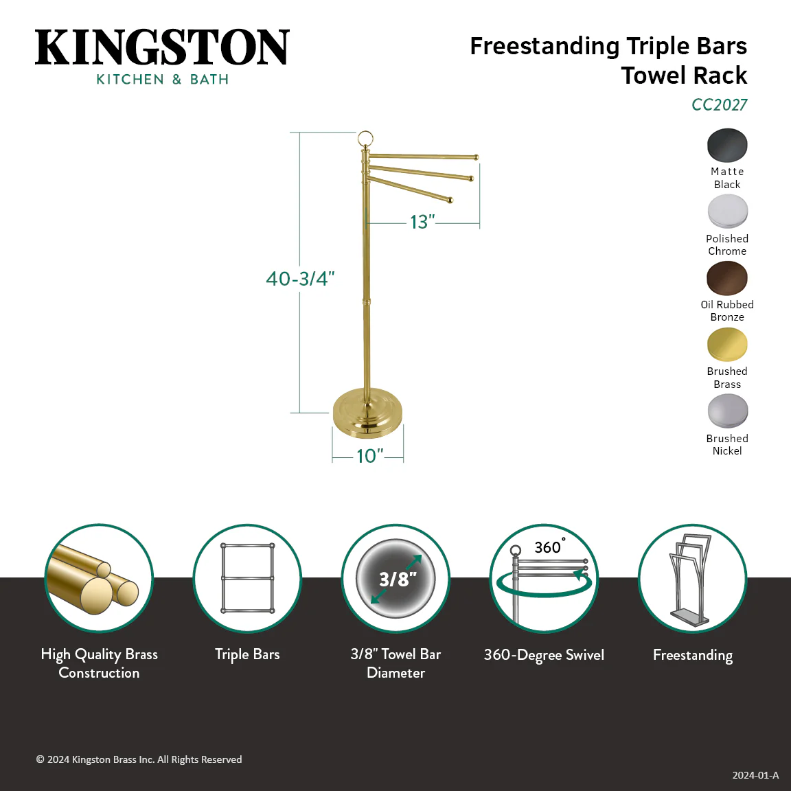 Kingston Heirloom CC2028 - Vintage 40-Inch Freestanding Pedestal 3-Tier Towel Rack, Brushed Nickel - Image 2