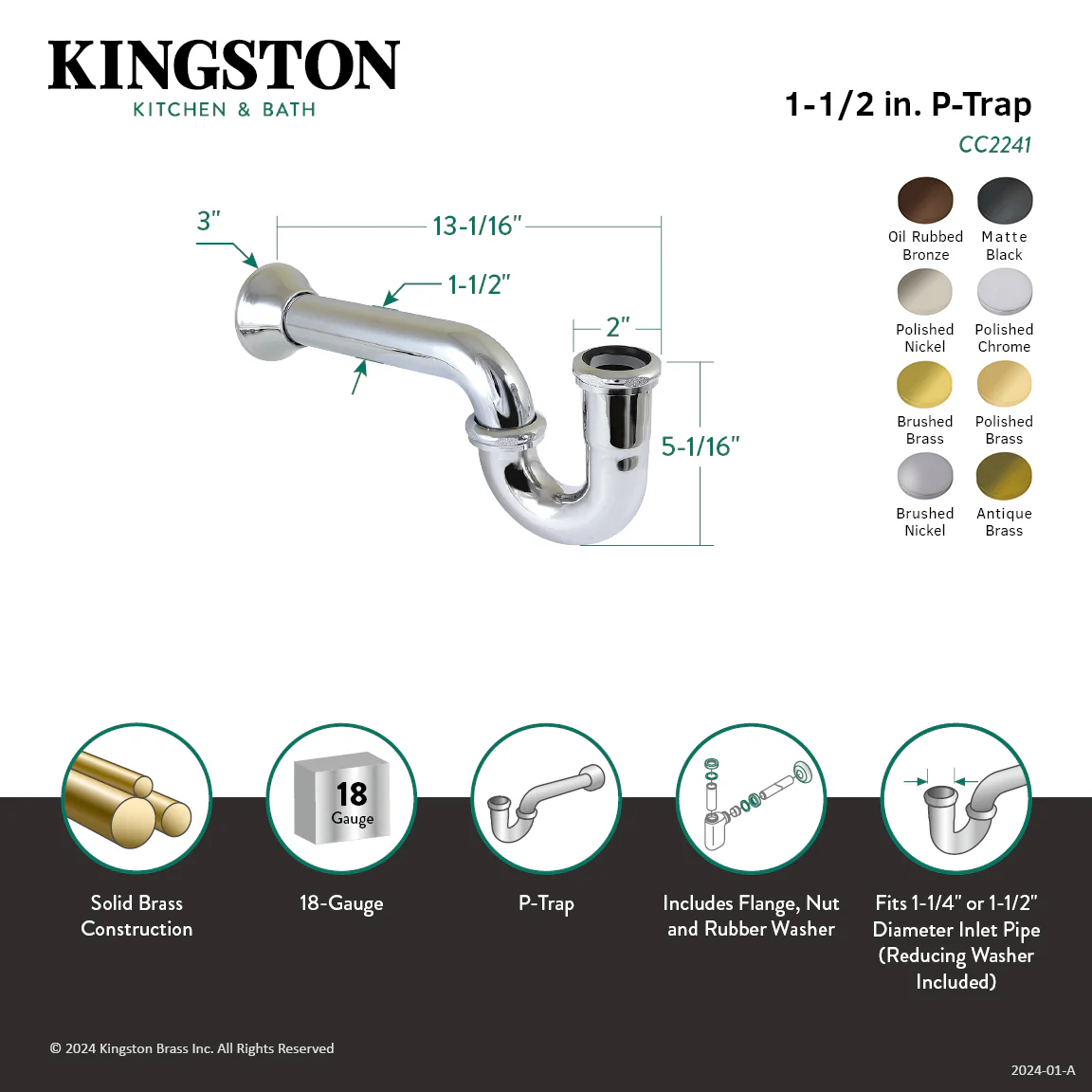 Kingston Vintage CC2248 1-1/4 (or 1-1/2) x 1-1/2 Inch Decor P-Trap with Bell Flange, 13-1/16 Inch Length, 18 Gauge, Brushed Nickel - Image 2