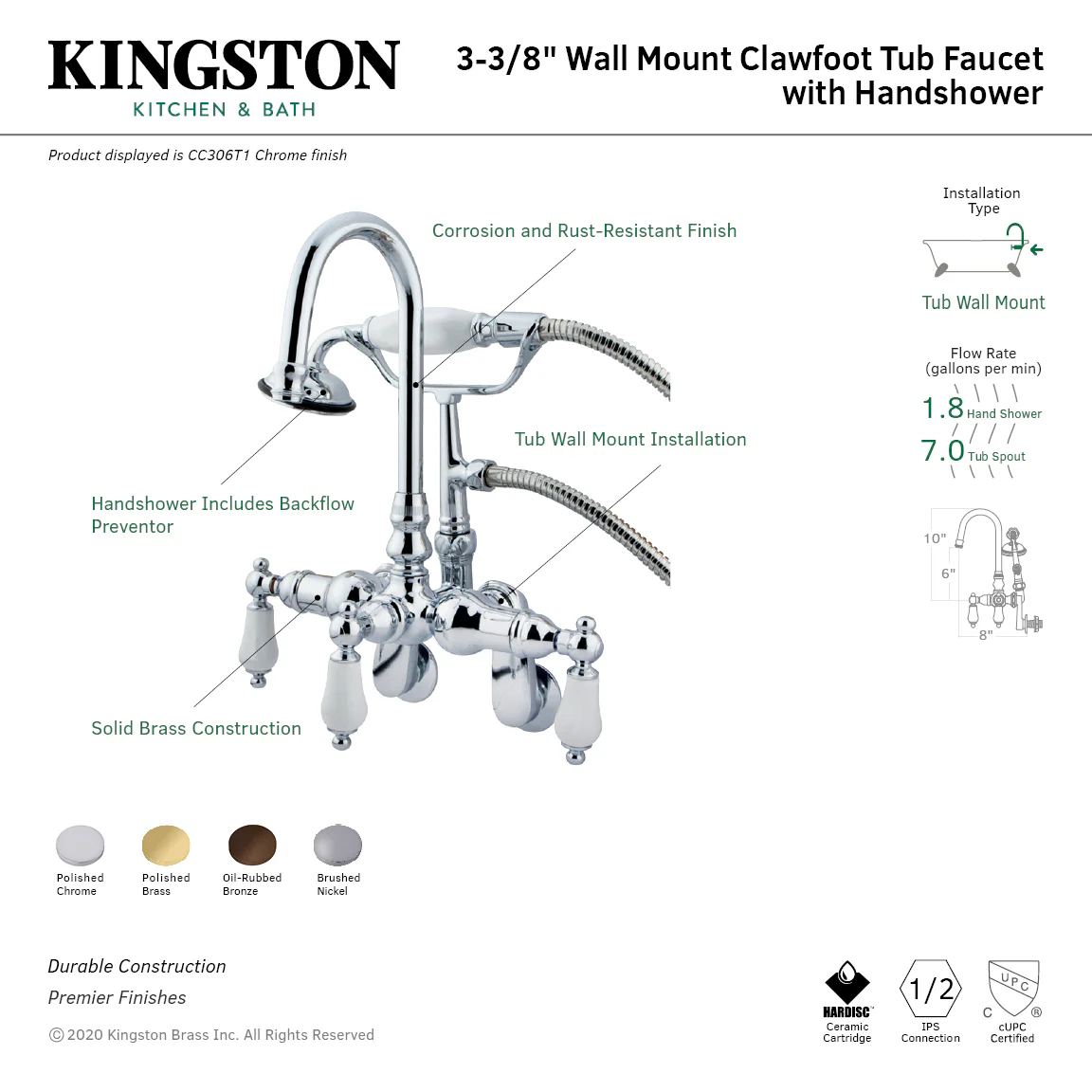 Kingston Heirloom CC305T5 - Vintage Three-Handle 2-Hole Tub Wall Mount Clawfoot Tub Faucet with Hand Shower, Oil Rubbed Bronze - Image 2