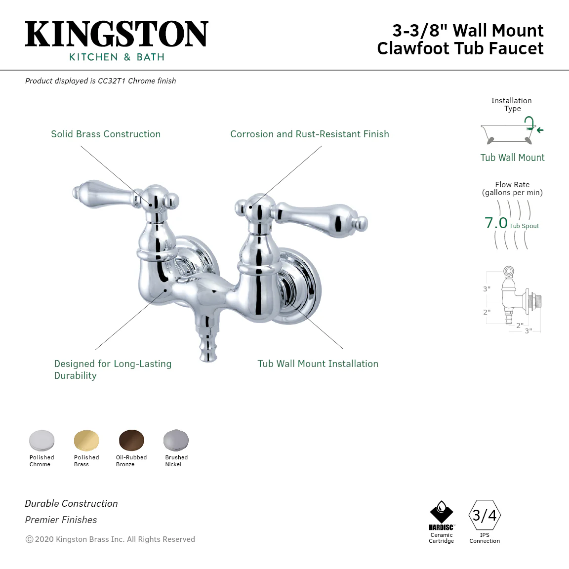 Kingston Heirloom CC31T5 - Vintage Two-Handle 2-Hole Tub Wall Mount Tub Faucet, Oil Rubbed Bronze - Image 2