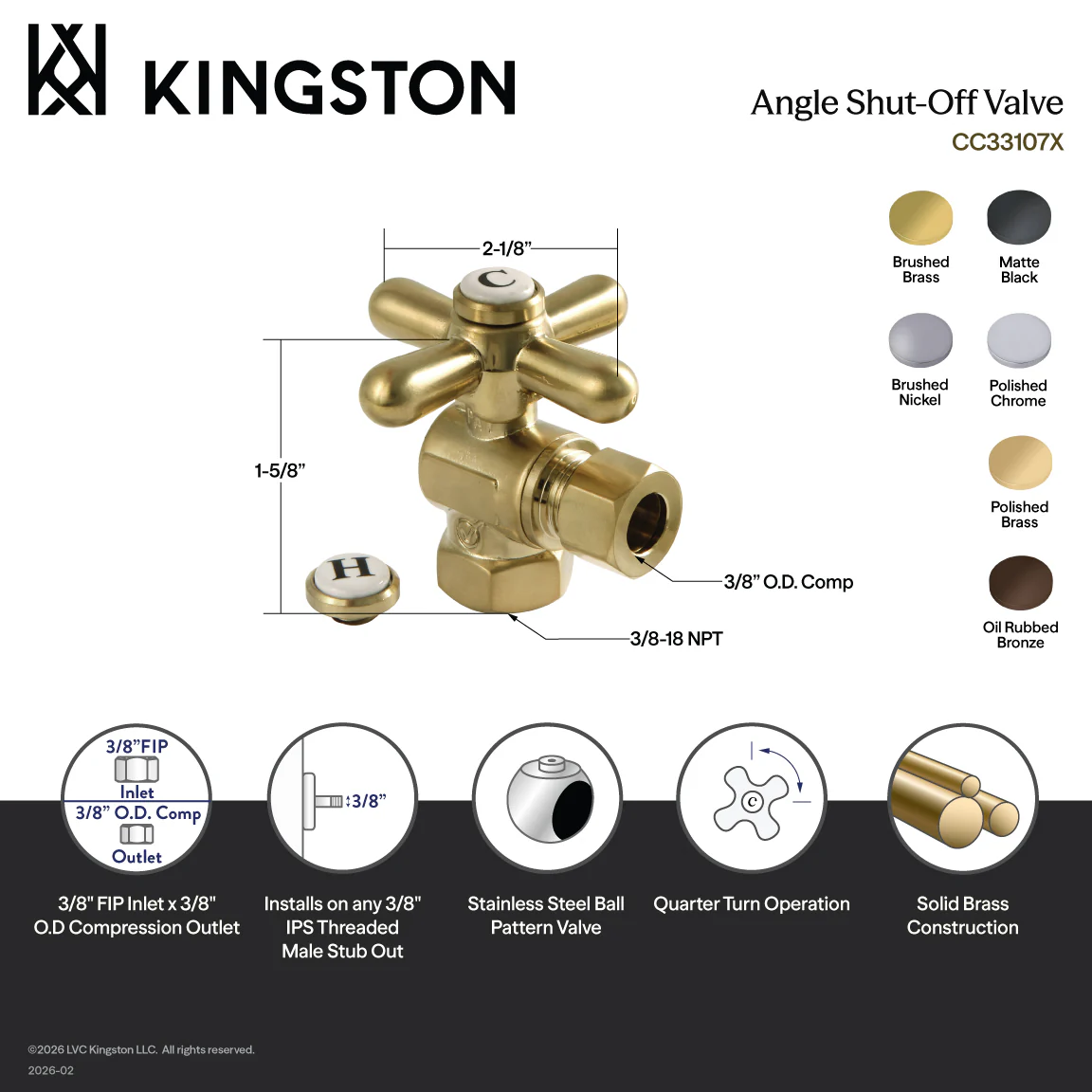 Kingston Heirloom CC33105X - Vintage 3/8-Inch FIP x 3/8-Inch O.D. Comp Quarter-Turn Angle Shut-Off Valve, Oil Rubbed Bronze - Image 2